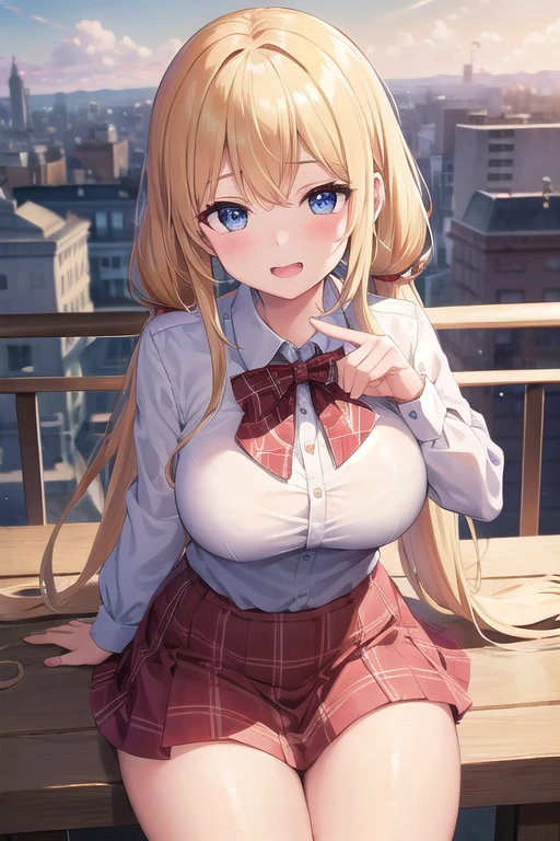 Extremely detailed, disorganized, ultra high resolution, super detailed, highest quality, 1 girl, alone, nice hands, perfect hands, beautiful fingers, uniform, white dress shirt, red tartan skirt, disheveled clothes, Smile, smile, open your mouth, double teeth, sitting, cuteポーズ, break slender, cute, perfectly symmetrical face, 超cute girl, 超cute face, highly detailed eyes, super detailed髪, 超cute, super beautiful, BREAK on roof of city, (fantasy world, city, panoramic view:1.3), Depth of the bounds written, very big breasts, BREAK golden hair, long hair, twin tails, blue eyes, hair between eyes