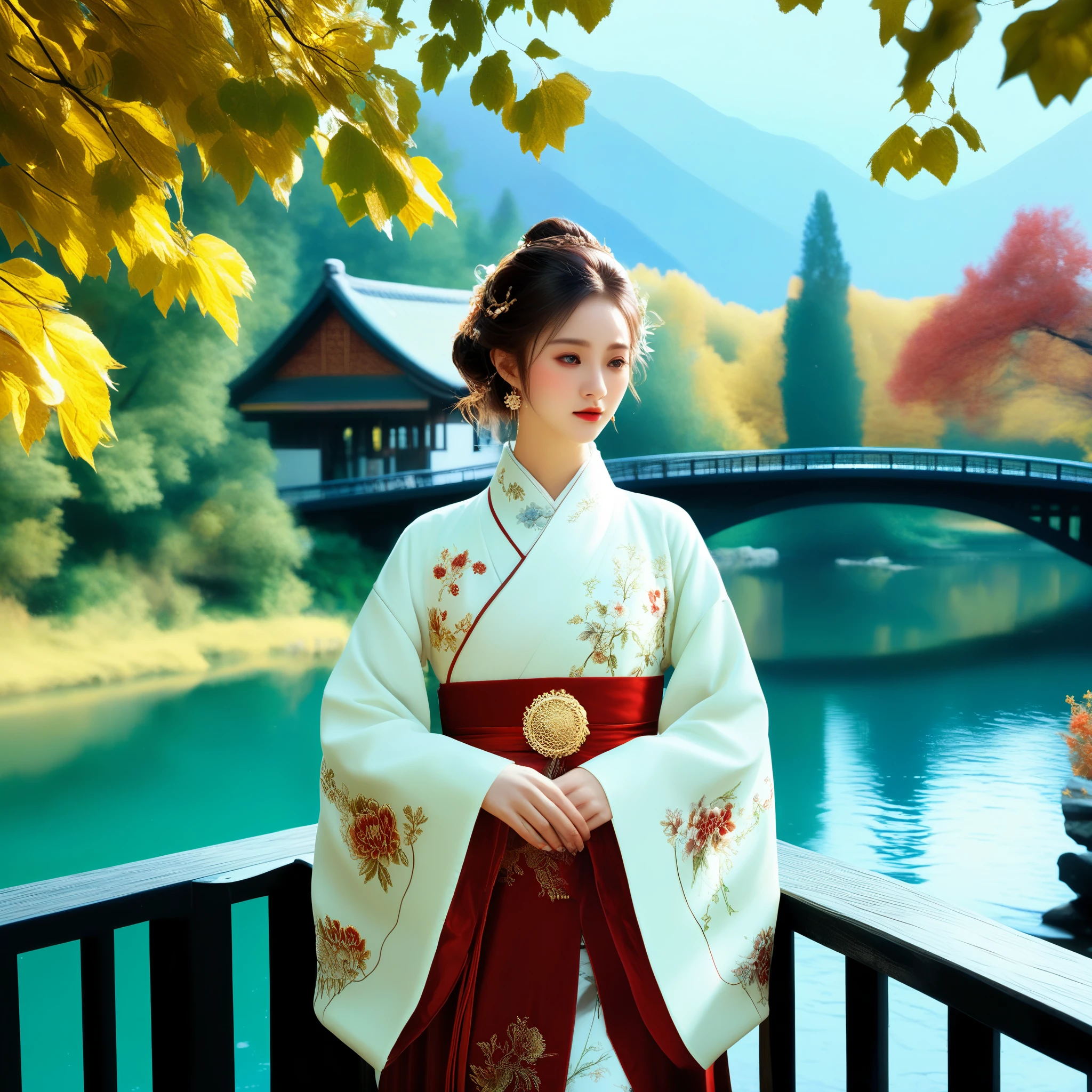 photorealistic,realistic,masterpiece,best quality,4k,，
A girl standing near the bridge over the lake, Wear new Chinese clothing that combines traditional Chinese Hanfu and modern clothing elements, Showing a unique oriental charm. Her clothes are mainly in red and white colors, With exquisite embroidery and beadwork, Showing the profound heritage of Chinese traditional culture. Her hairstyle is simple yet elegant, Wearing gorgeous hair accessories, Adds a splash of color to the overall look. Her makeup is delicate and elegant, Highlighting her natural beauty. Her eyes are bright and energetic, It seemed to be telling her inner story. Her skin is fair and delicate, Exudes a charming luster. Her figure is graceful and dignified, Exudes a noble temperament. She stood on the bridge by the lake, Behind you are the sparkling water and the mountains in the distance., It forms a beautiful picture. The sun shines on her body, Contrast between light and dark, highlighting her theme.