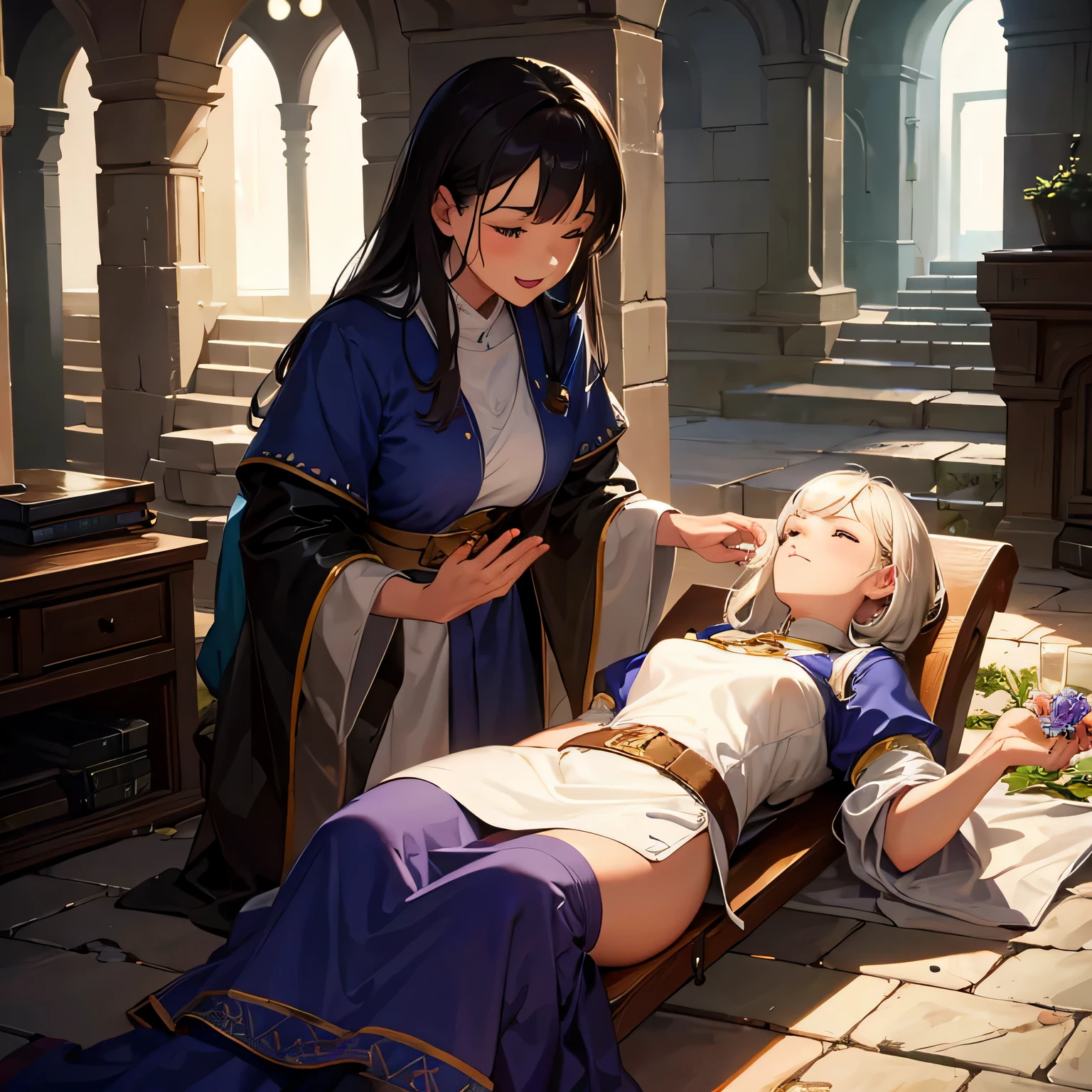 (highest quality,super detailed,realistic:1.37),figure,blue uniform medieval fantasy],Detailed medical equipment,nurse,doctor,considerate,patient on stretcher,healing,Emergency Medicine,cobblestone street,Medieval architecture,lively city,abstract fantasy building,magical atmosphere,mysterious atmosphere,dusk lighting,Soft and warm colors,Incubation environment,peaceful atmosphere.