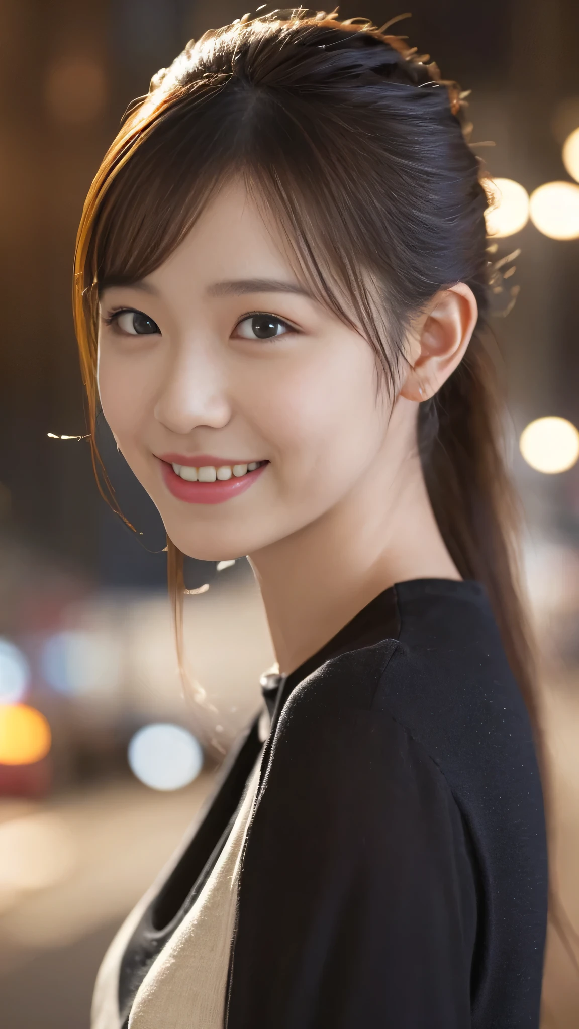 1 girl, (Wearing a black blouse:1.2), beautiful japanese actress, (ponytail:1.3),
(RAW photo, highest quality), (realistic, Photoreal:1.4), masterpiece, 
very delicate and beautiful, very detailed, 2k wallpaper, wonderful, 
finely, very detailed CG Unity 8K 壁紙, Super detailed, High resolution, 
soft light, beautiful detailed girl, very detailed目と顔, beautifully detailed nose, beautiful and detailed eyes, cinematic lighting, 
break
(Against the backdrop of a snowy night cityscape 1.3), city lights, 
perfect anatomy, slender body, smile, Face the front completely, look at the camera