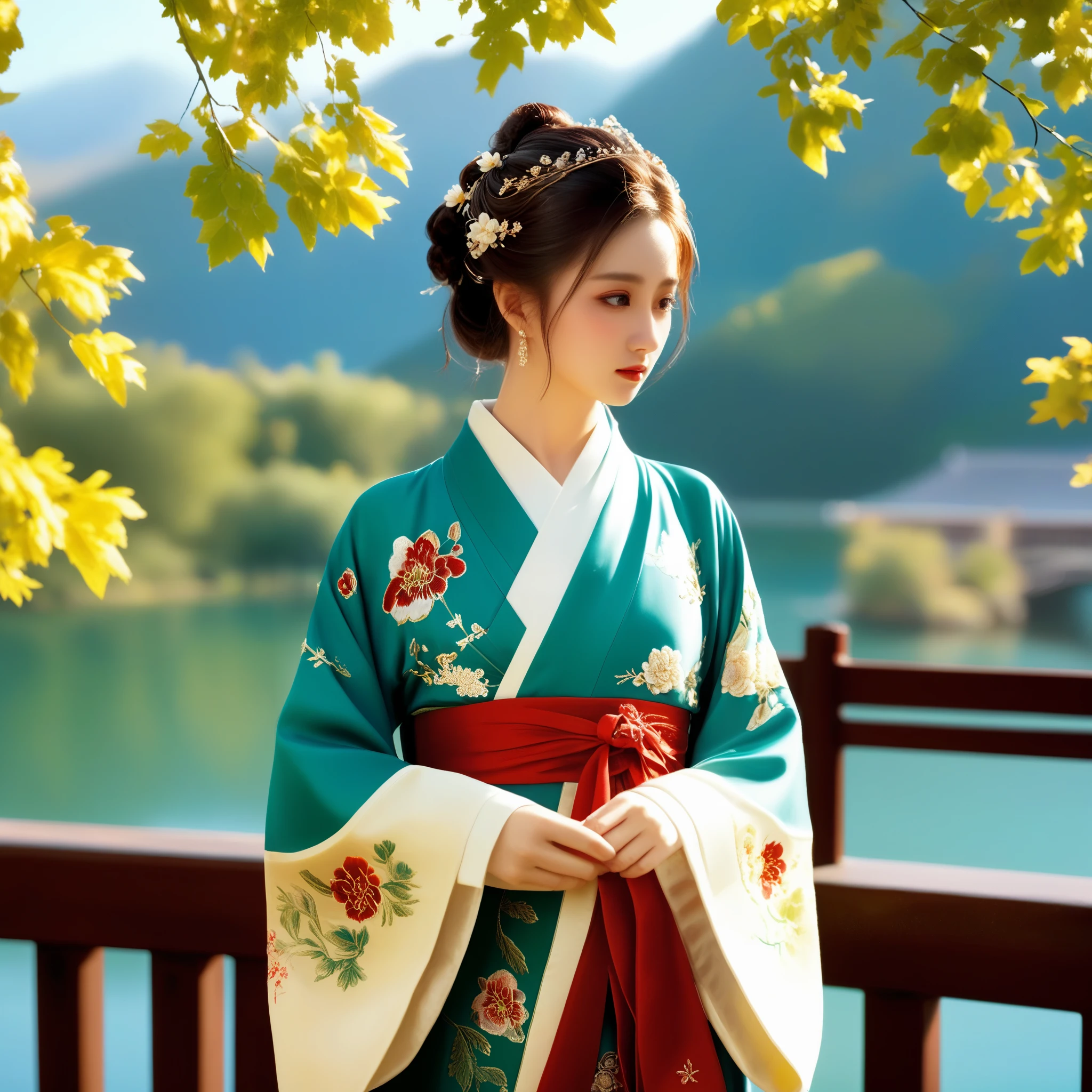 photorealistic,realistic,masterpiece,best quality,4k,，
A girl standing near the bridge over the lake, Wear new Chinese clothing that combines traditional Chinese Hanfu and modern clothing elements, Showing a unique oriental charm. Her clothes are mainly in red and white colors, With exquisite embroidery and beadwork, Showing the profound heritage of Chinese traditional culture. Her hairstyle is simple yet elegant, Wearing gorgeous hair accessories, Adds a splash of color to the overall look. Her makeup is delicate and elegant, Highlighting her natural beauty. Her eyes are bright and energetic, It seemed to be telling her inner story. Her skin is fair and delicate, Exudes a charming luster. Her figure is graceful and dignified, Exudes a noble temperament. She stood on the bridge by the lake, Behind you are the sparkling water and the mountains in the distance., It forms a beautiful picture. The sun shines on her body, Contrast between light and dark, highlighting her theme.