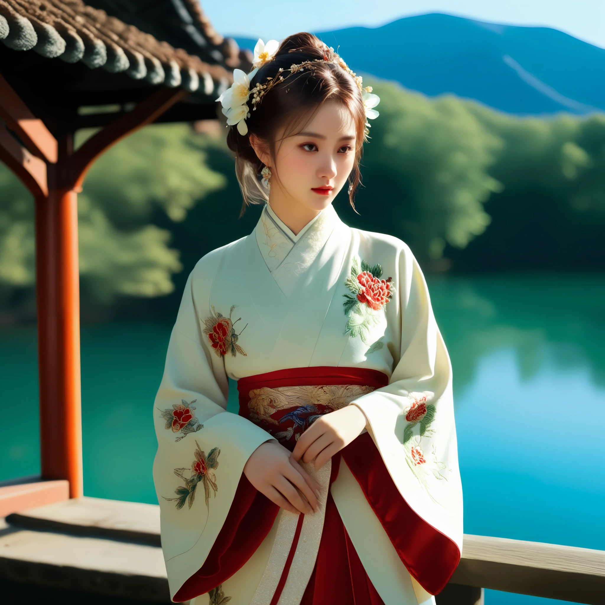 photorealistic,realistic,masterpiece,best quality,4k,,
A girl standing near the bridge over the lake, Wear new Chinese clothing that combines traditional Chinese Hanfu and modern clothing elements, Showing a unique oriental charm. Her clothes are mainly in red and white colors, With exquisite embroidery and beadwork, Showing the profound heritage of Chinese traditional culture. Her hairstyle is simple yet elegant, Wearing gorgeous hair accessories, Adds a splash of color to the overall look. Her makeup is delicate and elegant, Highlighting her natural beauty. Her eyes are bright and energetic, It seemed to be telling her inner story. Her skin is fair and delicate, Exudes a charming luster. Her figure is graceful and dignified, Exudes a noble temperament. She stood on the bridge by the lake, Behind you are the sparkling water and the mountains in the distance., It forms a beautiful picture. The sun shines on her body, Contrast between light and dark, highlighting her theme.