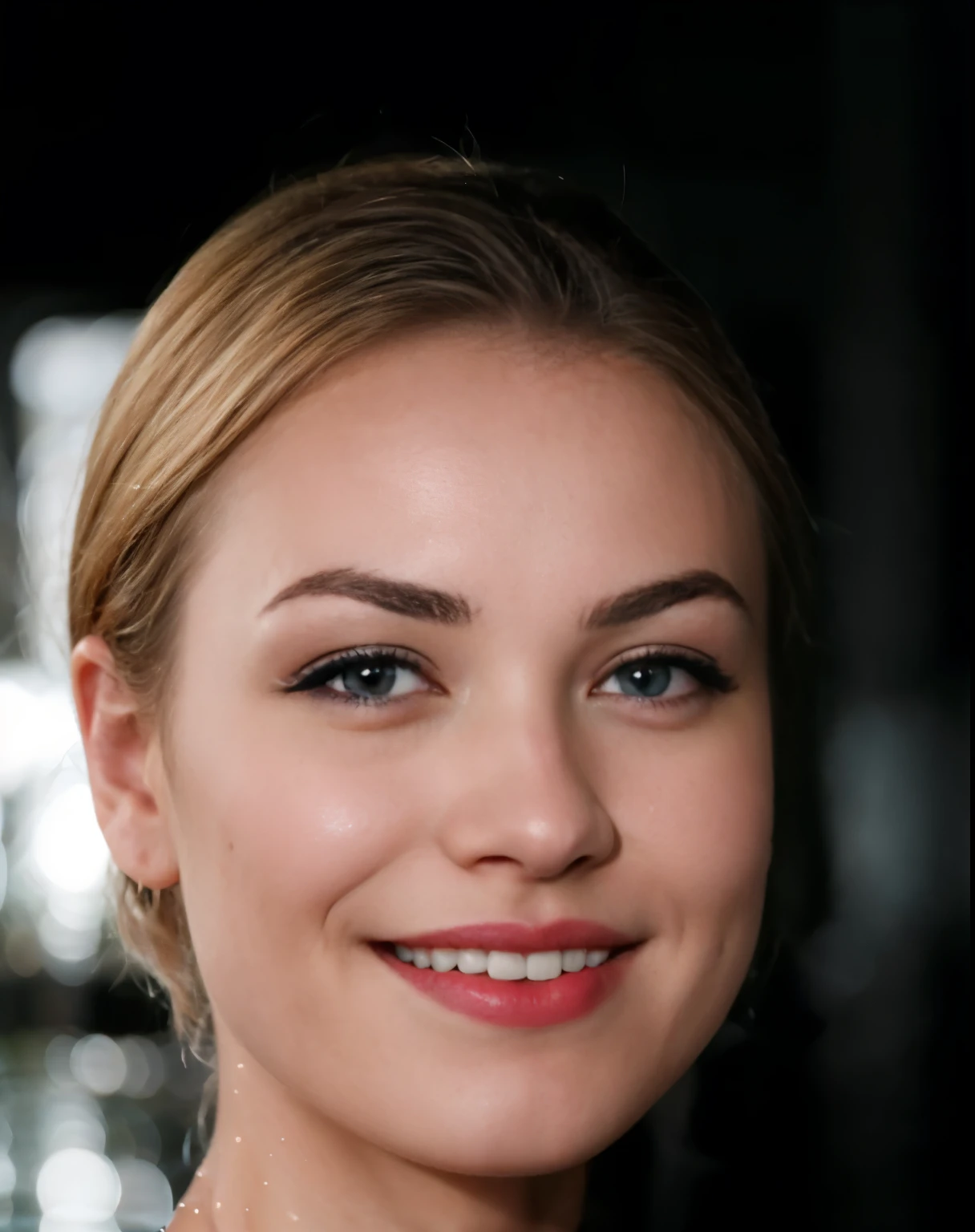 Photo of yvonne strahovski at the giggling, solo, blue eyes, reverse bob haircut, shiny skin, WET skin, shiny glossy skin, glossy skin, oily skin, black background headshot, warm atmosphere, photograph, photoshoot, Captured by Panavision Panaflex Platinum Camera with Panavision Primo Primes Spherical Lens 85mm T1.8
