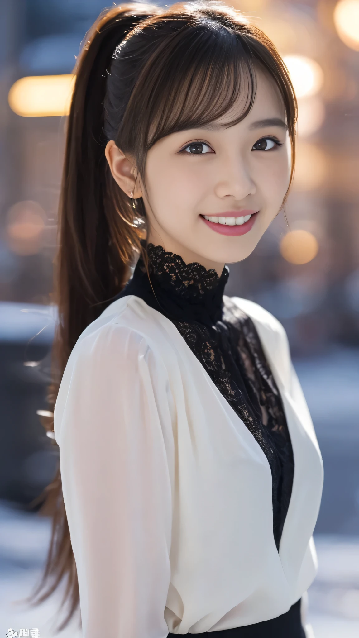 1 girl, (Wearing a black blouse:1.2), beautiful japanese actress, (ponytail:1.3),
(RAW photo, highest quality), (realistic, Photoreal:1.4), masterpiece,
very delicate and beautiful, very detailed, 2k wallpaper, wonderful,
finely, very detailed CG Unity 8K 壁紙, Super detailed, High resolution,
soft light, beautiful detailed girl, very detailed目と顔, beautifully detailed nose, beautiful and detailed eyes, cinematic lighting,
break
(Against the backdrop of a snowy night cityscape 1.3), city lights,
perfect anatomy, slender body, smile, Face the front completely, look at the camera