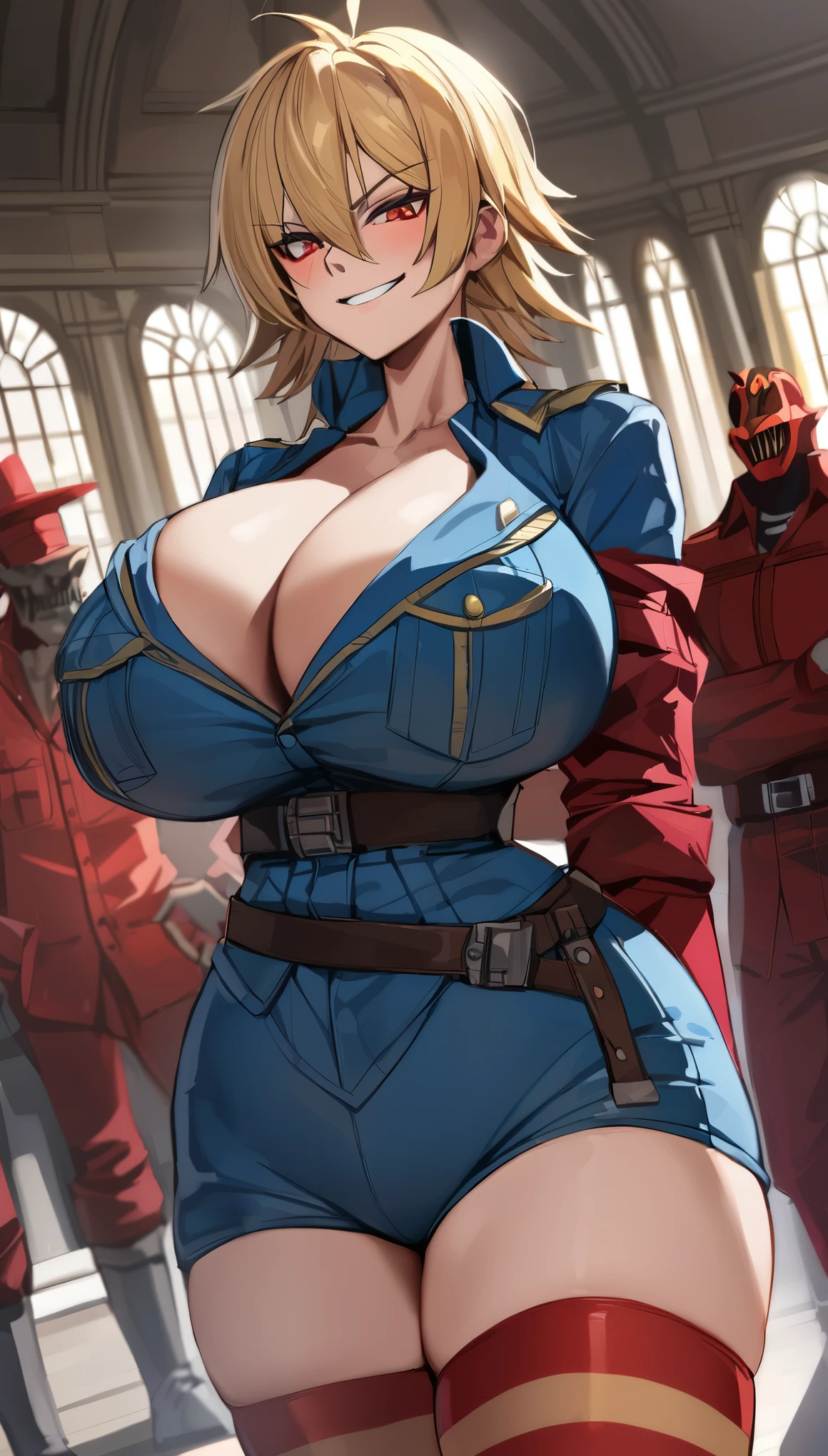 Hellsing ultimate, 1girl, front view, gigantic tits, blue jumpsuit, jumpsuit, d, striped thighhighs, red thighhighs, dutch angle, multiple boys, best quality, amazing quality, very aesthetic, absurdres, blonde hair, seras victoria, hellsing, seras, arms behind back, smug, indoors, solo