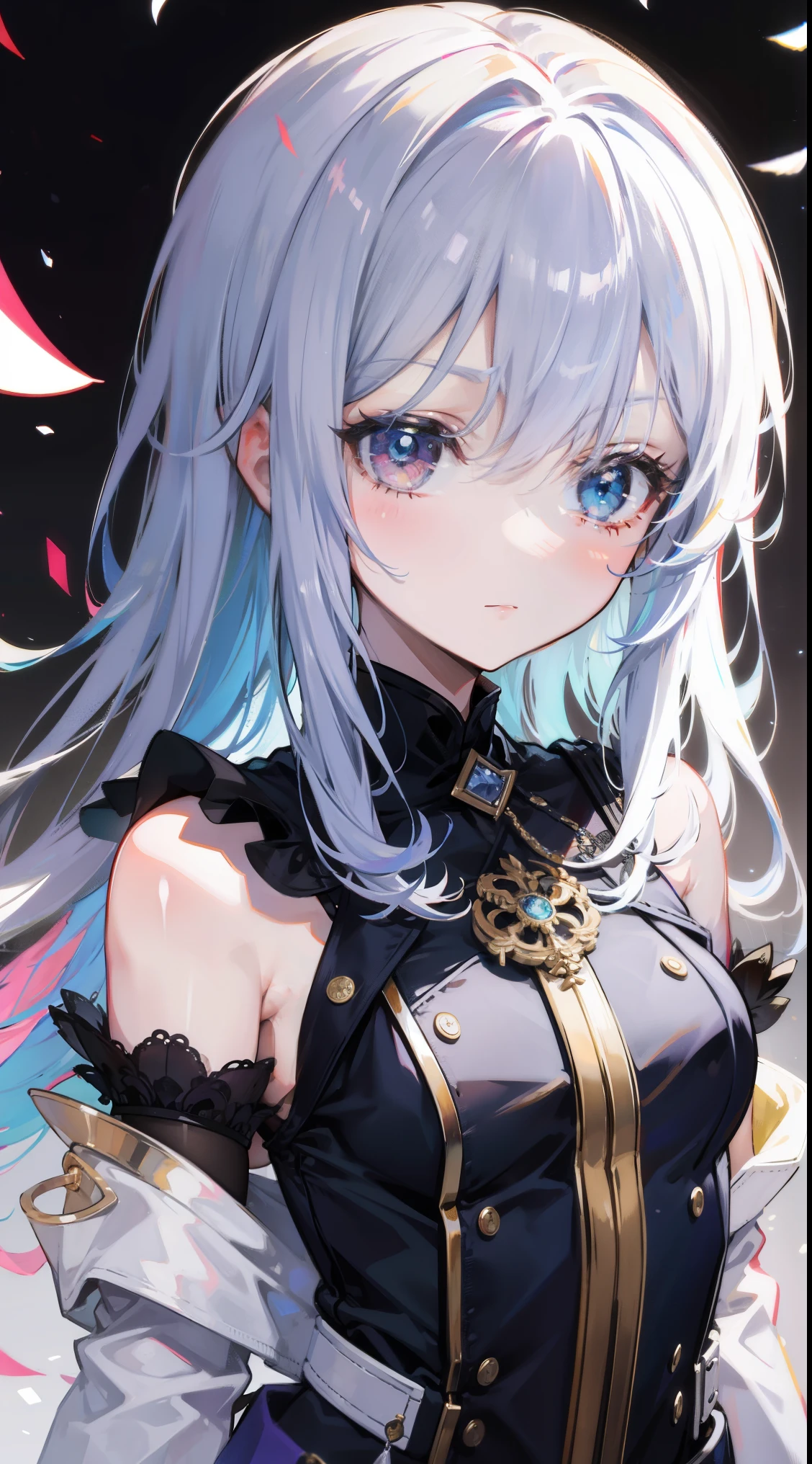 {{master piece}}，Beautifully detailed colored multi-colored hair，colorful light，particulate matter，heterochromia iris，（Isshiki：1.5），（hair color:1.5),
