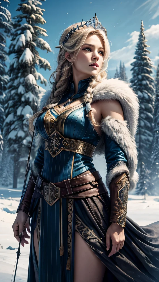 the best quality, very high resolution, detailed 4K CG, master piece, Frigg, mother goddess, Norse goddess, bow and arrow, rune tattoos, snow, tall trees, blue sky, Norse mythology, rune tattoo, beautiful aesthetics, Beautiful image