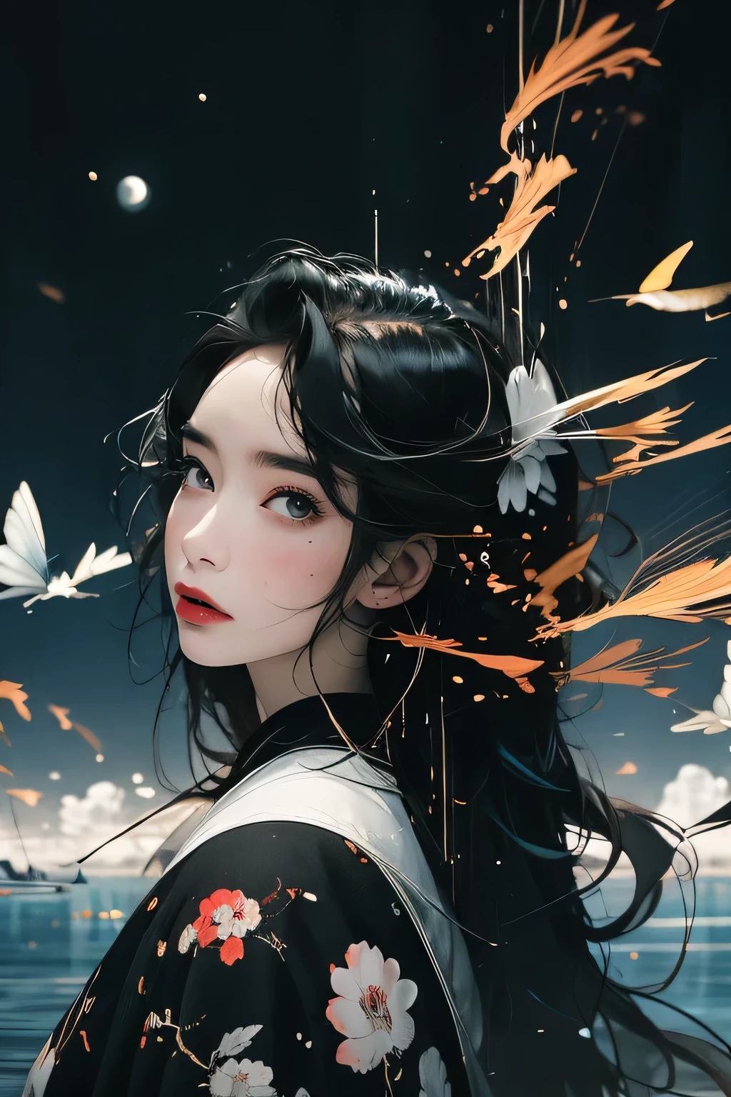 a woman, 1girl, solo,ultra-detailed,pantyhose, perfect face,pink、mountains、near future、cyber-、sea of clouds、Asahi、hope、grow、(1 female:1.2),Giant Swing、Fly over the mountains,)desolation,Shining Weapon,dynamic angle, [(Art book: Art book: Art book. Art book.:0.8)|Art by Lyubov Popova], octane render, unity 8k wallpaper, Super detailed, beautiful and aesthetic, Extremely detailed, dynamic angle, the most beautiful form of chaos, It&#39;s elegant, Designed by brutalists, Bright colors, romanticism, james jean, robbie dowi antono, Los Tran, francis bacon, Michal Mraz, Adrian Genie, Petra Cortright, Gerhard Richter, Takato Yamamoto, ashley wood, Atmospheric, ecstasy of notes, Displaying streaming notes,moon night,long shot, beautiful background,,shirt,skirt, ink touch、spring colors, chinese ink drips, artistic painting