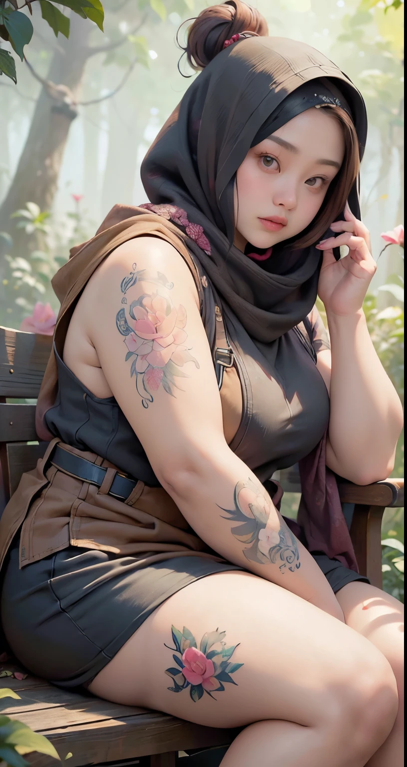 there is a woman sitting down with a longest brown hair, bbwchan, thicc, brown hijab outfit, brown hairstyle model, korean girl, korean woman, wearing brown robe, full length shot, alluring plus sized model, japanese goddess, clothed in hooded, voluptuous and arousing, portrait shot, curvy model, voluptuous body, wonderful, nene tanaka body , bbwchan, The overall atmosphere is smooth , haunting illustrations, extremely high-resolution details, photographic, realism pushed to extreme, fine texture, 4k, ultra-detailed, high quality, high contrast, red sneakers , cold atmosphere ,, cold atmosphere ,, ((Detailed texture of tattooed skin)), tattoo round breasts, irezumi tattoo style, tattoo on breasts, tttattoo, showing her thigh , tattoo on thigh, a close up of a woman with tattoos on her body, inked, tattooed body, fully tattooed body, tattooed, full-body tattoos, full - body tattoos, , full body tattoo, with tattoos, , tattoos, tattoos all over the skin, tattoos and piercings, ((Neka: 0.45)) LoRA, {{Big brother's tattooed woman Iremuzi tattoo style v1.0: 0.91}},, ((BohoAI v1.0 : 0.45))