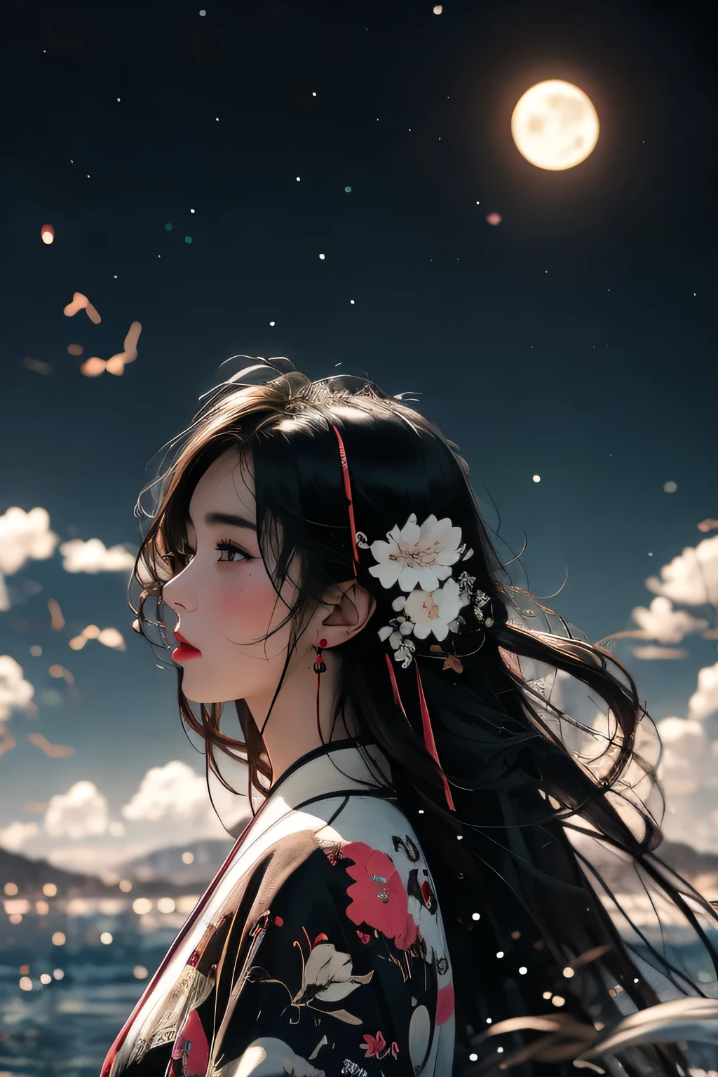 a woman, 1girl, solo,ultra-detailed,pantyhose, perfect face,pink、mountains、near future、cyber-、sea of clouds、Asahi、hope、grow、(1 female:1.2),Giant Swing、Fly over the mountains,)desolation,Shining Weapon,dynamic angle, [(Art book: Art book: Art book. Art book.:0.8)|Art by Lyubov Popova], octane render, unity 8k wallpaper, Super detailed, beautiful and aesthetic, Extremely detailed, dynamic angle, the most beautiful form of chaos, It&#39;s elegant, Designed by brutalists, Bright colors, romanticism, james jean, robbie dowi antono, Los Tran, francis bacon, Michal Mraz, Adrian Genie, Petra Cortright, Gerhard Richter, Takato Yamamoto, ashley wood, Atmospheric, ecstasy of notes, Displaying streaming notes,moon night,long shot, beautiful background,,shirt,skirt, ink touch、spring colors, chinese ink drips, artistic painting
