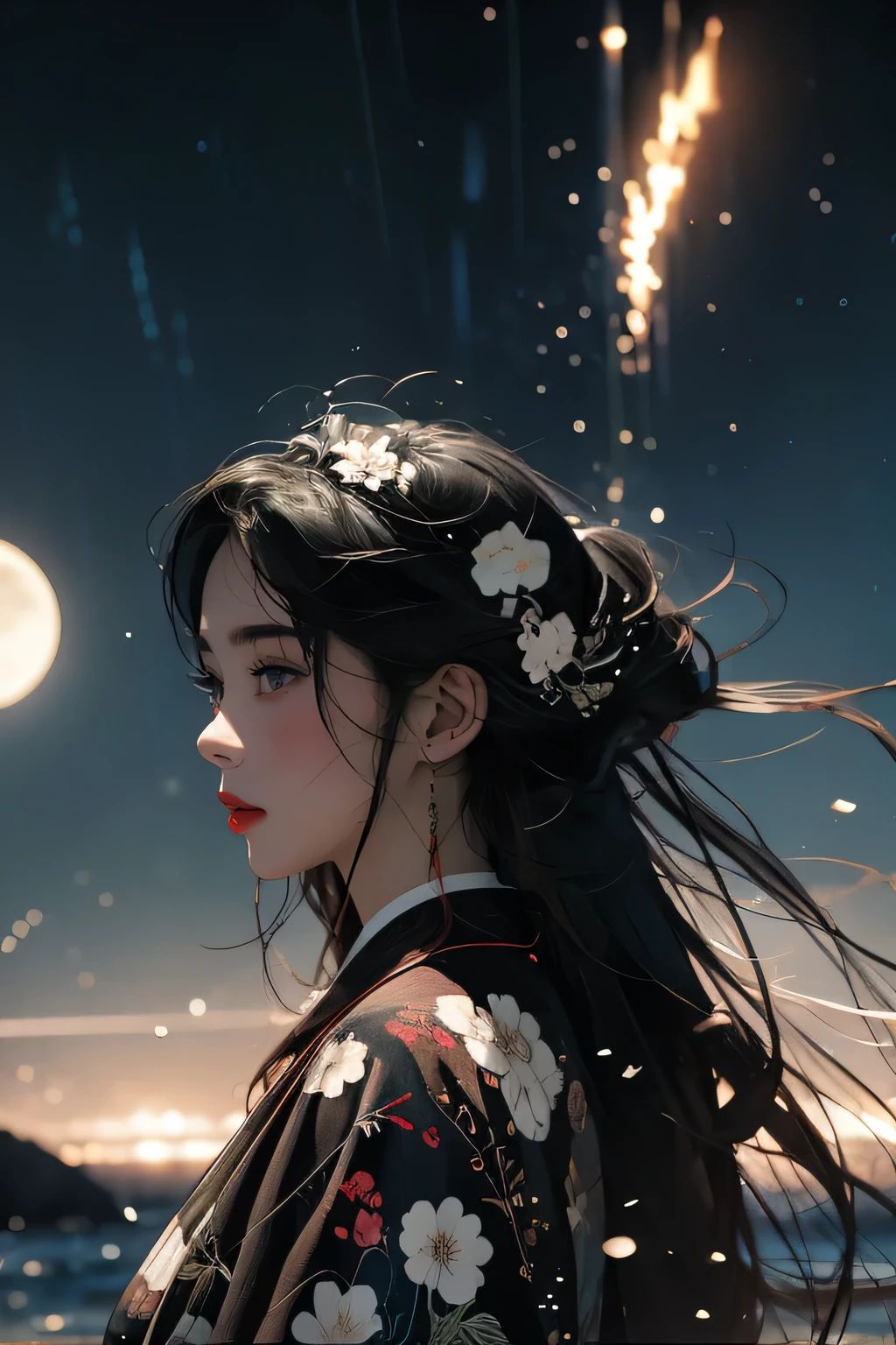 a woman, 1girl, solo,ultra-detailed,pantyhose, perfect face,pink、mountains、near future、cyber-、sea of clouds、Asahi、hope、grow、(1 female:1.2),Giant Swing、Fly over the mountains,)desolation,Shining Weapon,dynamic angle, [(Art book: Art book: Art book. Art book.:0.8)|Art by Lyubov Popova], octane render, unity 8k wallpaper, Super detailed, beautiful and aesthetic, Extremely detailed, dynamic angle, the most beautiful form of chaos, It&#39;s elegant, Designed by brutalists, Bright colors, romanticism, james jean, robbie dowi antono, Los Tran, francis bacon, Michal Mraz, Adrian Genie, Petra Cortright, Gerhard Richter, Takato Yamamoto, ashley wood, Atmospheric, ecstasy of notes, Displaying streaming notes,moon night,long shot, beautiful background,,shirt,skirt, ink touch、spring colors, chinese ink drips, artistic painting