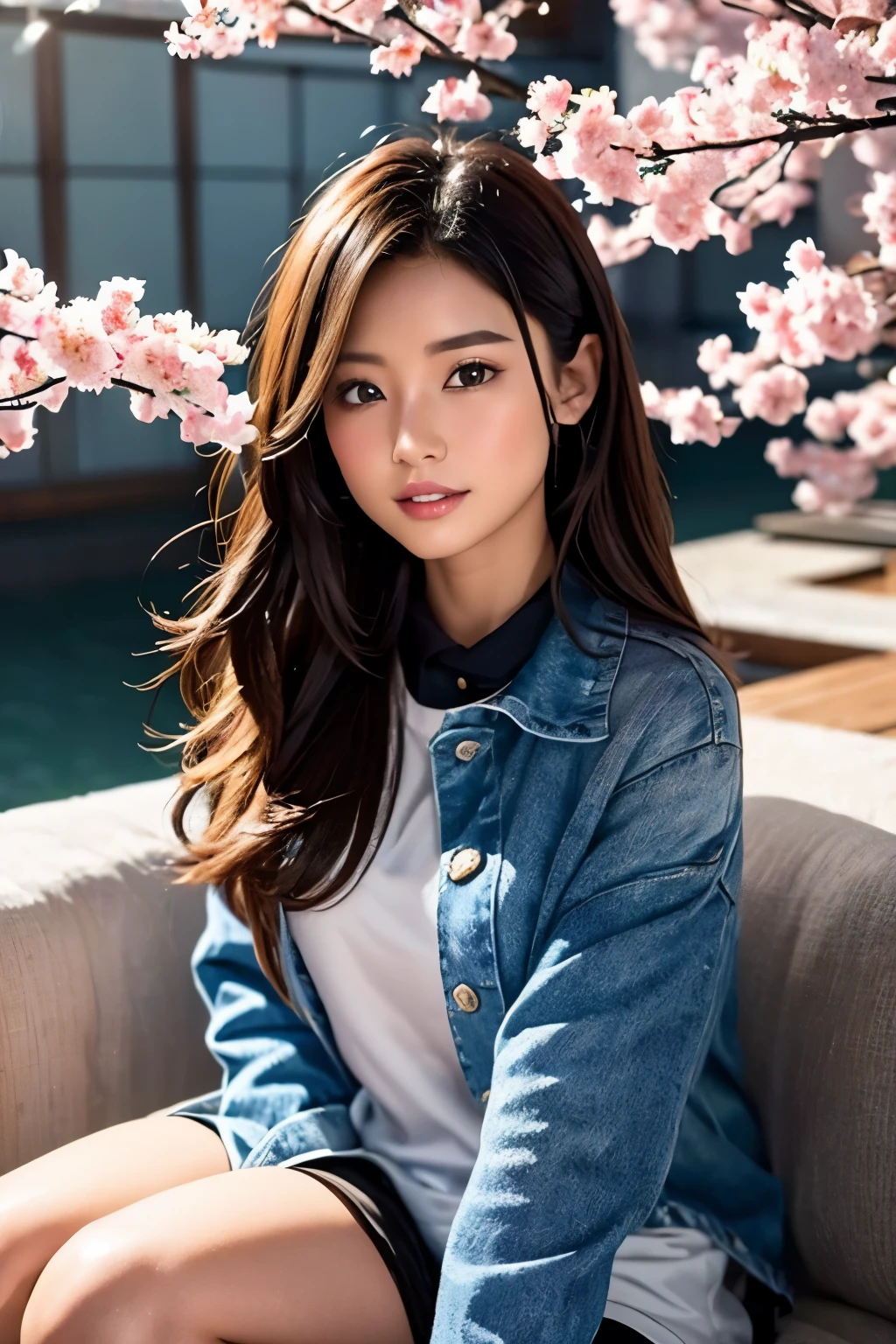 1 female、brown hair、long hair、well-groomed face、dense lips、Red knitwear、black coat、black shorts、cherry blossoms、cherry blossomsノ雨、river、masterpiece、ultra high resolution、delicate、perfect lighting、sunlight、16K