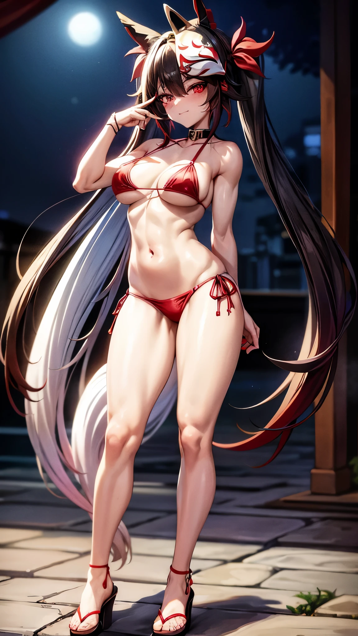 Face: Art style, Anime style color: Predominantly red with black and white contrasts, Eye color: bright crimson red, with luminous reflections. Hair color Black with red highlights, Hairstyle: twintails, adorned with traditional red and gold hair ornament, smile, mouth closed, index finger raised, finger in mouth, (((kitsune mask))), muscular legs, (long legs ), (((in the city of masks at night))), (( (full body photo), wearing red nail polish, red nails, (((wearing a beautiful short and sexy bikini))) , NSFW, hdr, { Standing}, (((full body view)))