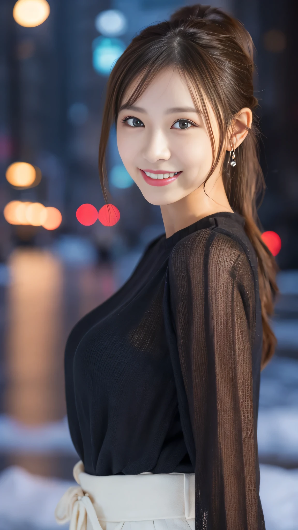 1 girl, (Wearing a black blouse:1.2), beautiful japanese actress, (ponytail:1.3),
(RAW photo, highest quality), (realistic, Photoreal:1.4), masterpiece, 
very delicate and beautiful, very detailed, 2k wallpaper, wonderful, 
finely, very detailed CG Unity 8K 壁紙, Super detailed, High resolution, 
soft light, beautiful detailed girl, very detailed目と顔, beautifully detailed nose, beautiful and detailed eyes, cinematic lighting, 
break
(Against the backdrop of a snowy night cityscape 1.3), city lights, 
perfect anatomy, slender body, smile, Face the front completely, look at the camera