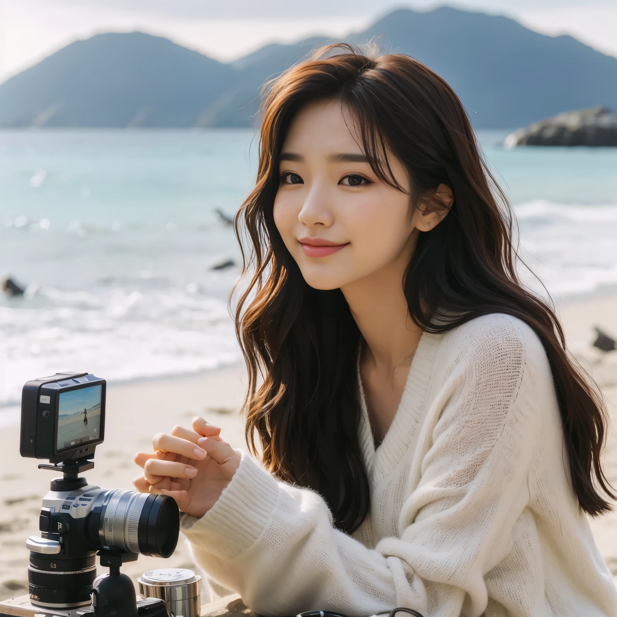 Arafi woman sitting on the beach with a camera, Korean female actress, beautiful south korean woman, Lee Ji Eun, Lee Ji Eun, Shin Jin Young, Nam Jae Young, Bae Suzy, John Sans, cute korean actress, beautiful young korean woman, gorgeous young korean woman, Photo 1 5mm, korean woman, korean artist