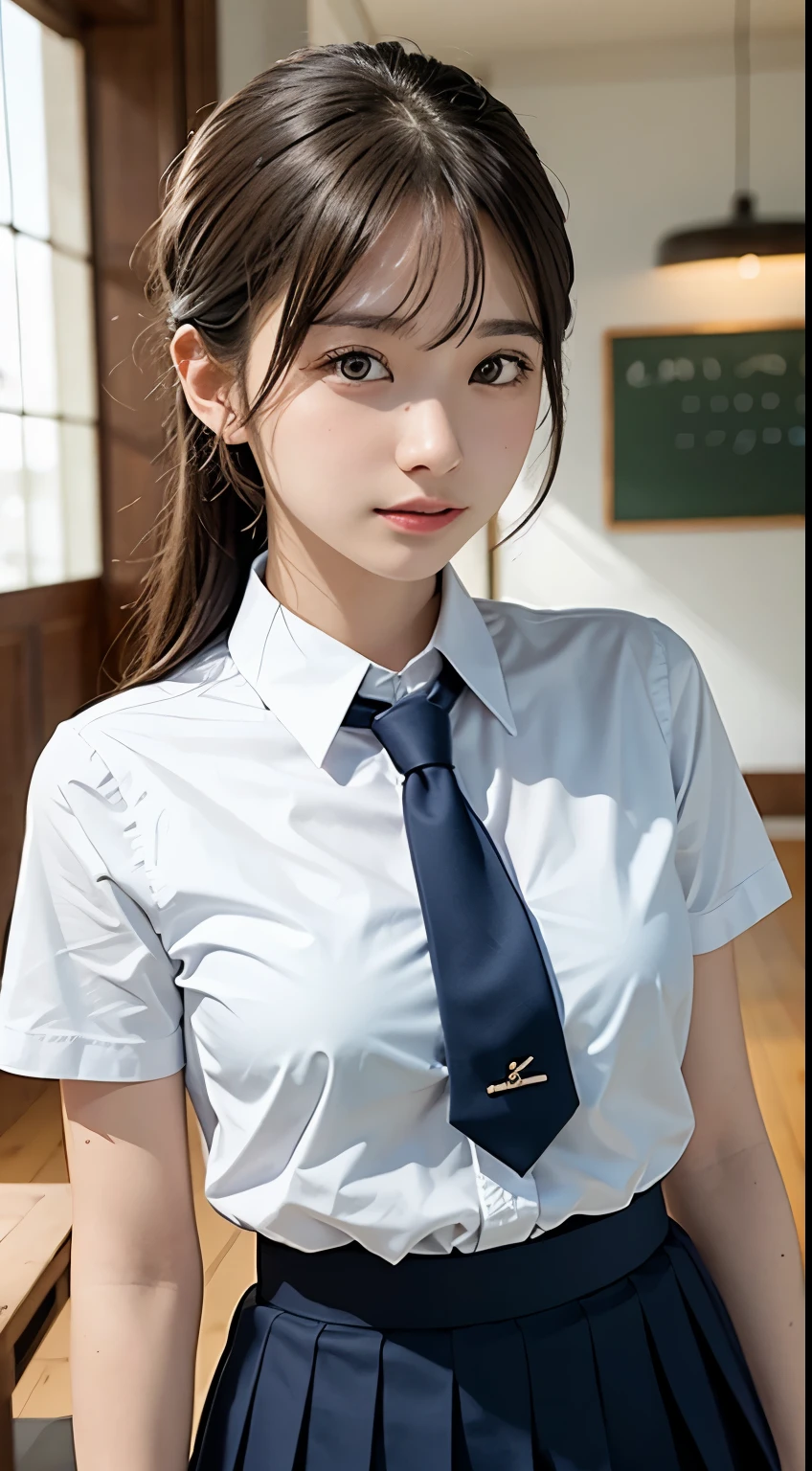 (table top, highest quality:1.2), 8k, 18-year-old, 85mm, official art, RAW photo, absurd, white dress shirt, cute face, close, Upper body, violaces, gardenia, beautiful girl, school uniform, (navy pleated skirt:1.1), Cinch West, thighs thighs thighs, short sleeve, library, looking at the viewer, no makeup, (smile:0.4), film grain, chromatic aberration, sharp focus, face light, clear lighting, , detailed face, background bokeh, (dark red tie:1.1)、medium breasts