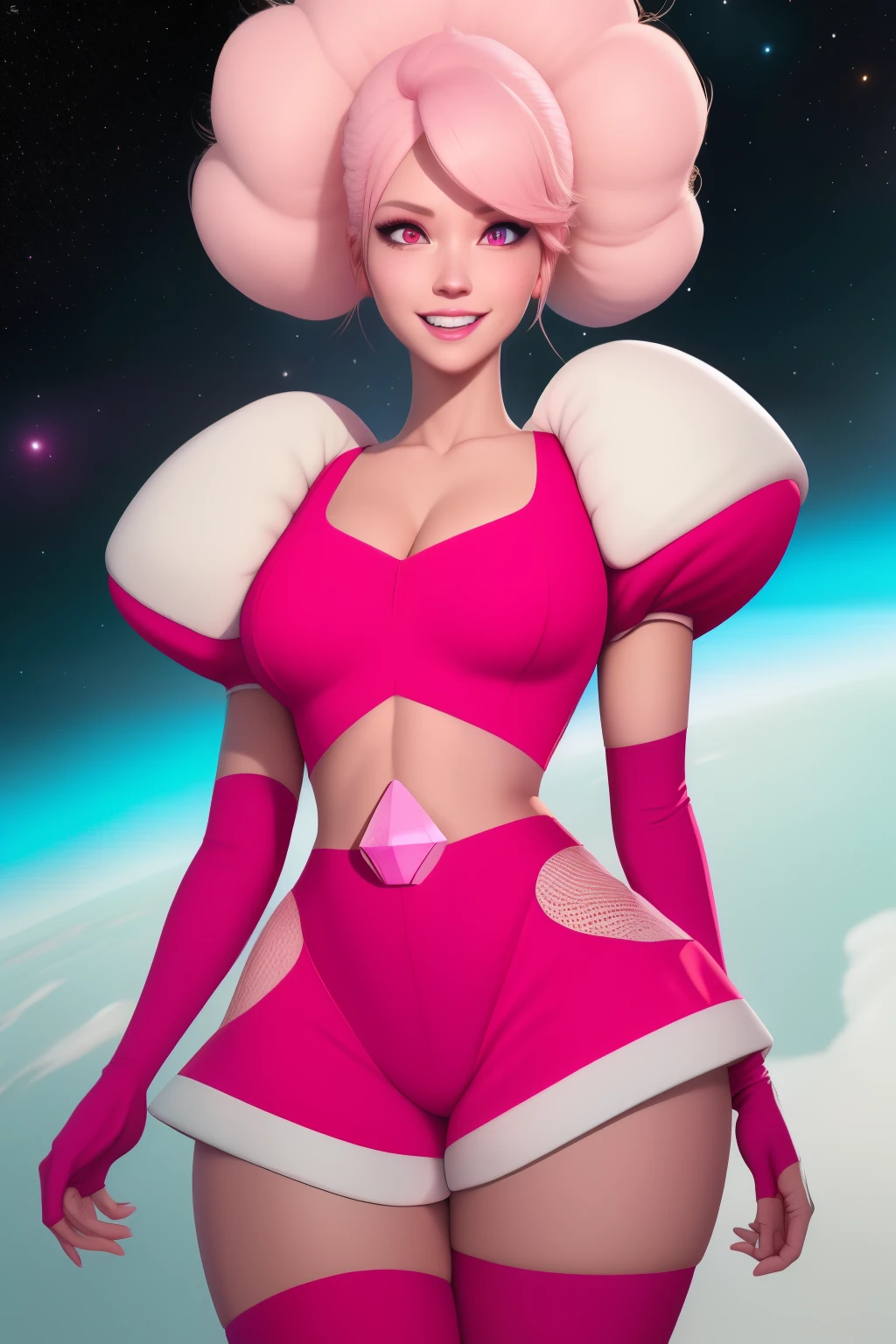 pnkdamond, pink hair, pink eyes,  big hair,  stomach gem,  pink skin,  toned, 
puffy short sleeves, elbow gloves ,  white thighhighs,   puffy dress, 
standing, upper body, 
 outerspace,  
(insanely detailed, beautiful detailed face,beautiful detailed eyes, masterpiece, best quality) cinematic lighting,  smile, 
 