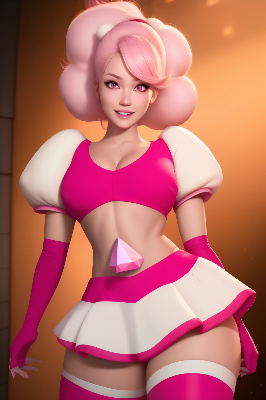 pnkdamond, pink hair, pink eyes,  big hair,  stomach gem,  pink skin,  toned, 
puffy short sleeves, elbow gloves ,  white thighhighs,   puffy dress, 
standing, upper body, 
 outerspace,  
(insanely detailed, beautiful detailed face,beautiful detailed eyes, masterpiece, best quality) cinematic lighting,  smile, 
 
