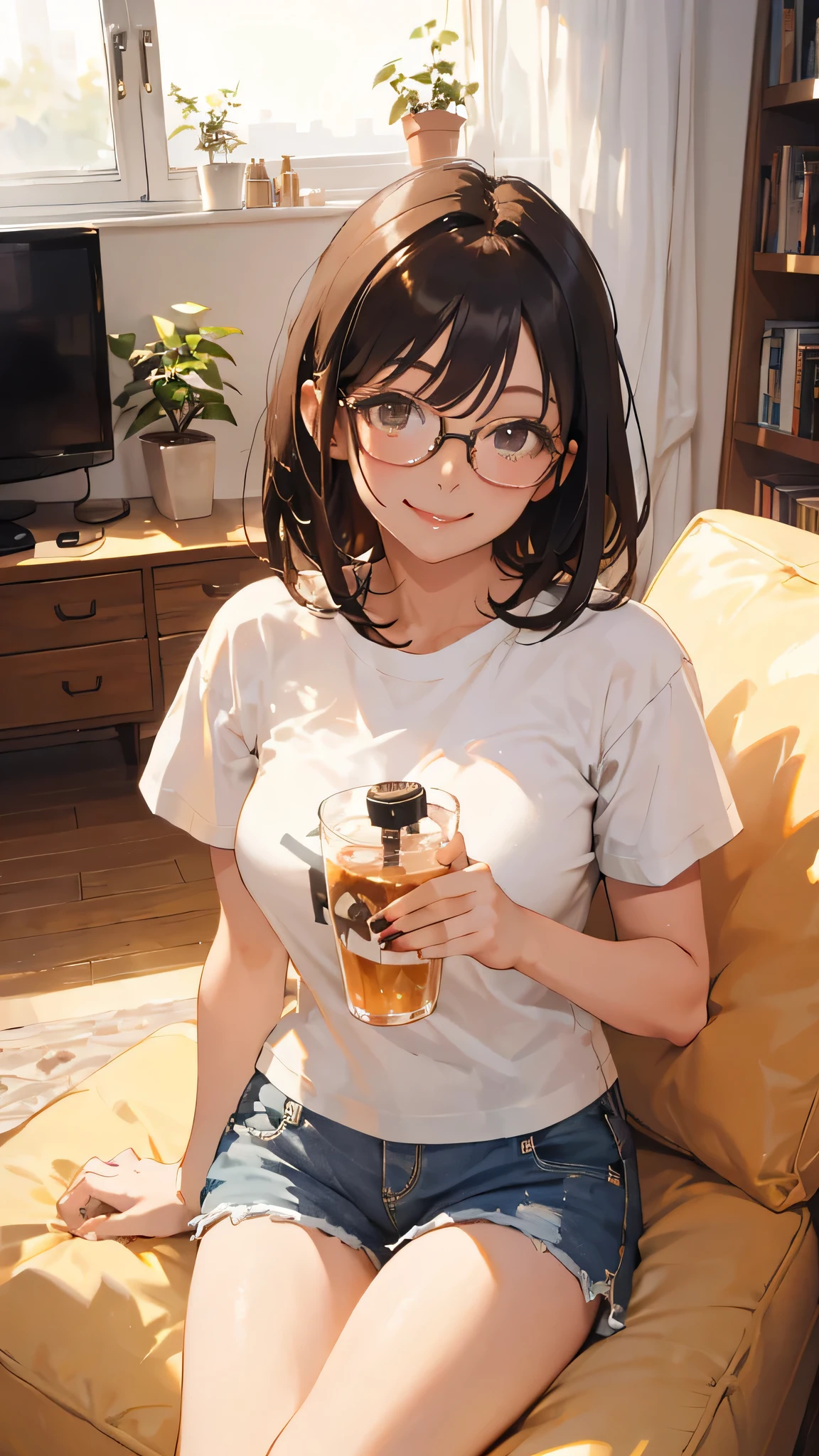 ((best quality,4k,8k,highres,masterpiece:1.2,ultradetailed,realistic,photorealistic,photo-realistic:1.37)),(2 japanese women),((A married woman and an adult daughter are drinking at home,have a beer))),Early thirties,Perfect face,(up body),(dark hair,ponytail,center part hairstyle,gentle face,downturned eyes:1.5,Dark brown eyes,Black-rimmed glasses,wearing a marriage ring),(dark skin:0.6),(smile,laughter,Red face),(cheerful,married woman),look at viewer,friend's room,(pov:1.6),(T-shirt,super short pants),huge tit,plump,(Beer,A beer mug), snacks,Chabudai,sit down,wet body,Drink to,cheer up,(Sheer nipples:0.2)