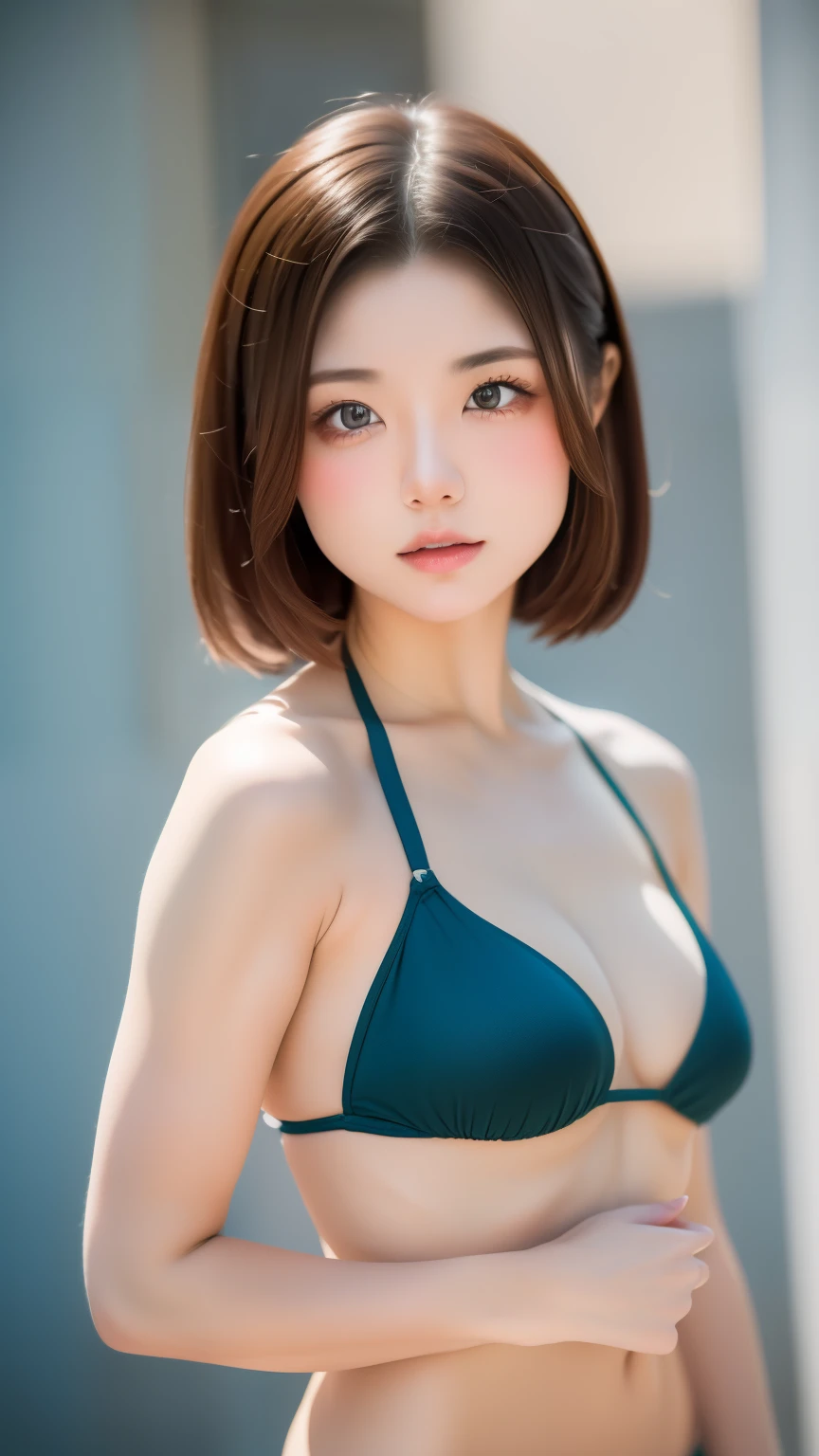 one woman、cute face、Also々new expression、delicate body shape、Japanese、Japanese、small breasts、small breasts、gray eyes、beige hair、french braid、１６talent、cool beauty、bikini swimwear、random color bikini、Random and attractive poses、(((photo studio、concrete background、perfect lighting、professional photographer、50ｍｍlens)))、highest quality、ultra high resolution、masterpiece:1.3，８ｋ、precision finish、unreasonable