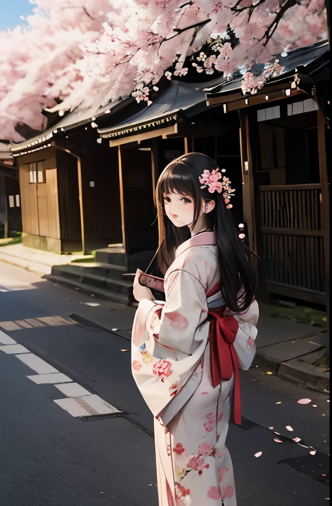 A girl in a kimono walking on a Japanese street, with cherry blossoms falling in the spring. She holds a folding fan, her long hair swaying in the breeze, and cherry blossom petals glistening in the sunlight. The ancient buildings and blooming cherry blossoms lining the street create a scene rich in traditional Japanese beauty