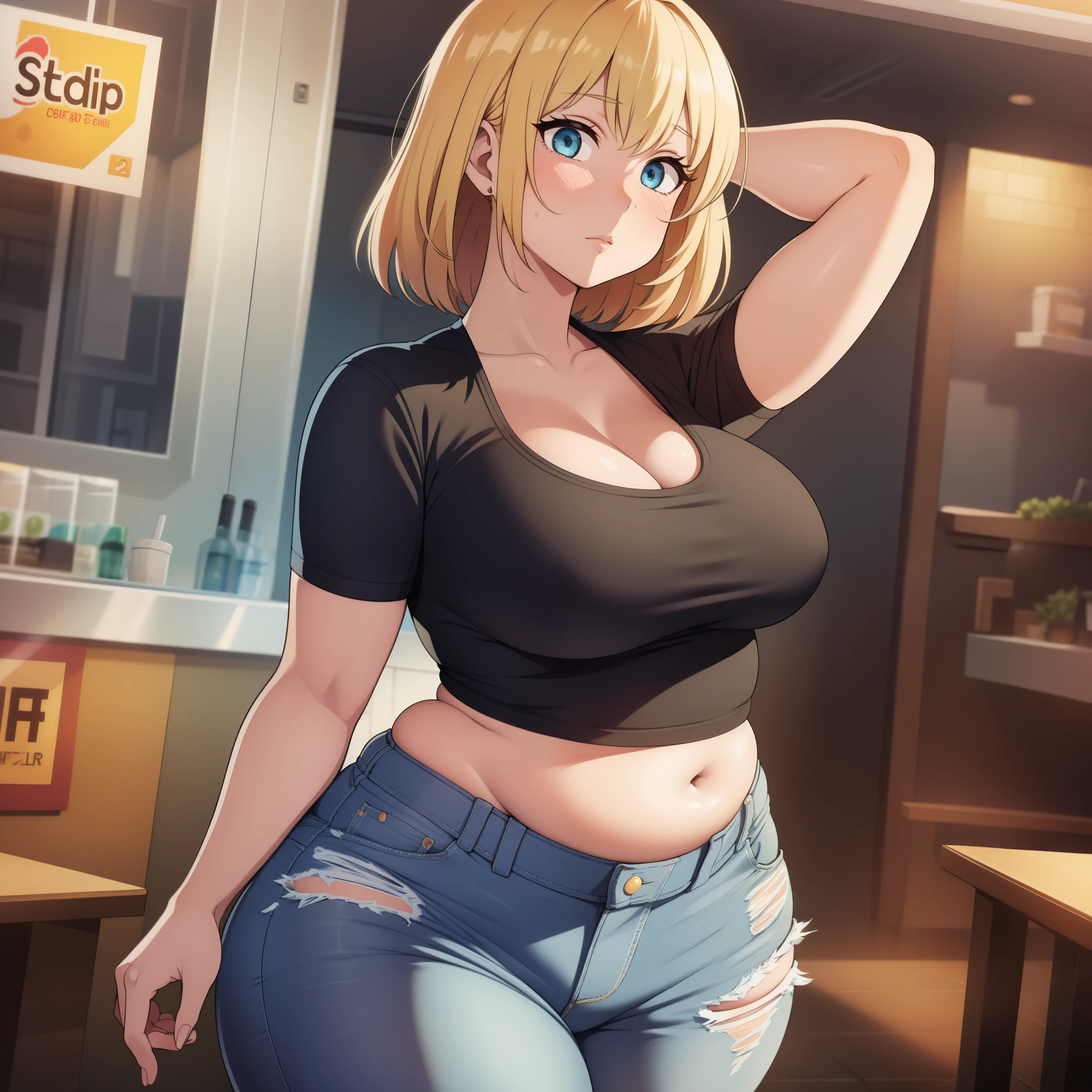 ((Masterpiece)), perfect anatomy, perfect shading, field of depth, (best quality), extremely delicate and beautiful, perfect lighting, detailed face, ultra cute face, cute, (cowboy shot 1.2), ((2girls)), one girl has blonde hair, blue eyes, crop top and shorts, one girl has brown hair, green eyes, jeans, white shirt, tight clothes, one girl has, Short black hair, brown eyes, crop top and shorts, fast food restaurant, medium breasts, cleavage, ((wide hips)), (thick thighs), ((chubby)), chubby belly, fat folds, she has a jiggly belly, standing, group photo, 