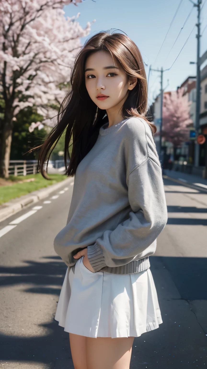 ((best quality, 8 thousand, masterpiece:1.4)), (1 woman), ((very small face:1.3)), masterpiece, best quality, very detailed, illustration, wide angle, A girl is standing in the middle of the road, alone, Pink cherry trees on the central road and roadside, whole body, 20&#39;s, white brown mixed hair, sweater, short skirt, fashion,, composition, balance, Harmony, rate, color, light, shadow, reflect, refraction, interval, difference, Panorama, center field, background, naturalistic, figurative, expressive, (hair color: gray bridge, bright brown),