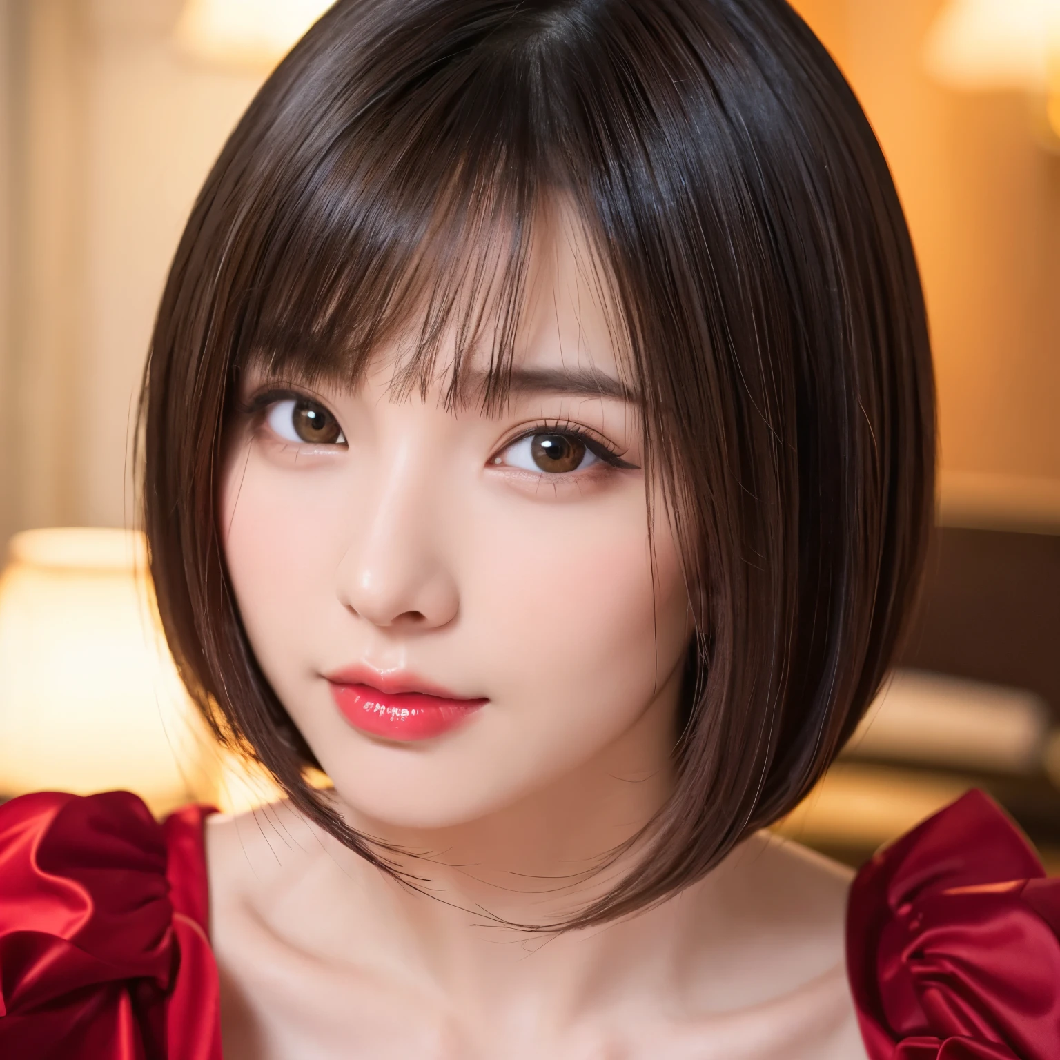 ((close-up photo of face:1.4))、(highest quality、table top、8k、best image quality、Award-winning work)、(one young girl, 14 years old:1.3)、(Perfect V-neck red long knit sweater:1.2)、(red eyeshadow:1.2)、perfect makeup、long eyelashes、Super high-definition sparkling eyes、ultra high definition hair、ultra high resolution glossy lips、Super high resolution perfect teeth、Super high resolution cute face、brown hair、(very short straight hair:1.1)、look at me and smile、[clavicle]、accurate anatomy、(close up of face:1.5)、Luxury love hotel、(The most moody warm lighting:1.2)、blurred background、With bangs、Super high-resolution glossy and moisturized face、Super high-resolution glowing skin、most detailed face、Ultra high resolution detailed faces、ultra high resolution hair、Super high resolution sparkling eyes、Beautiful face drawn in every detail、Super high resolution glossy red lips
