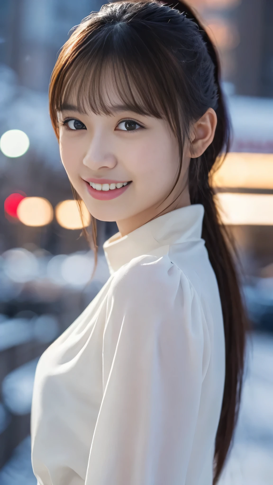 1 girl, (Wearing a black blouse:1.2), beautiful japanese actress, (ponytail:1.3),
(RAW photo, highest quality), (realistic, Photoreal:1.4), masterpiece,
very delicate and beautiful, very detailed, 2k wallpaper, wonderful,
finely, very detailed CG Unity 8K 壁紙, Super detailed, High resolution,
soft light, beautiful detailed girl, very detailed目と顔, beautifully detailed nose, beautiful and detailed eyes, cinematic lighting,
break
(Against the backdrop of a snowy night cityscape 1.3), city lights,
perfect anatomy, slender body, smile, Face the front completely, look at the camera