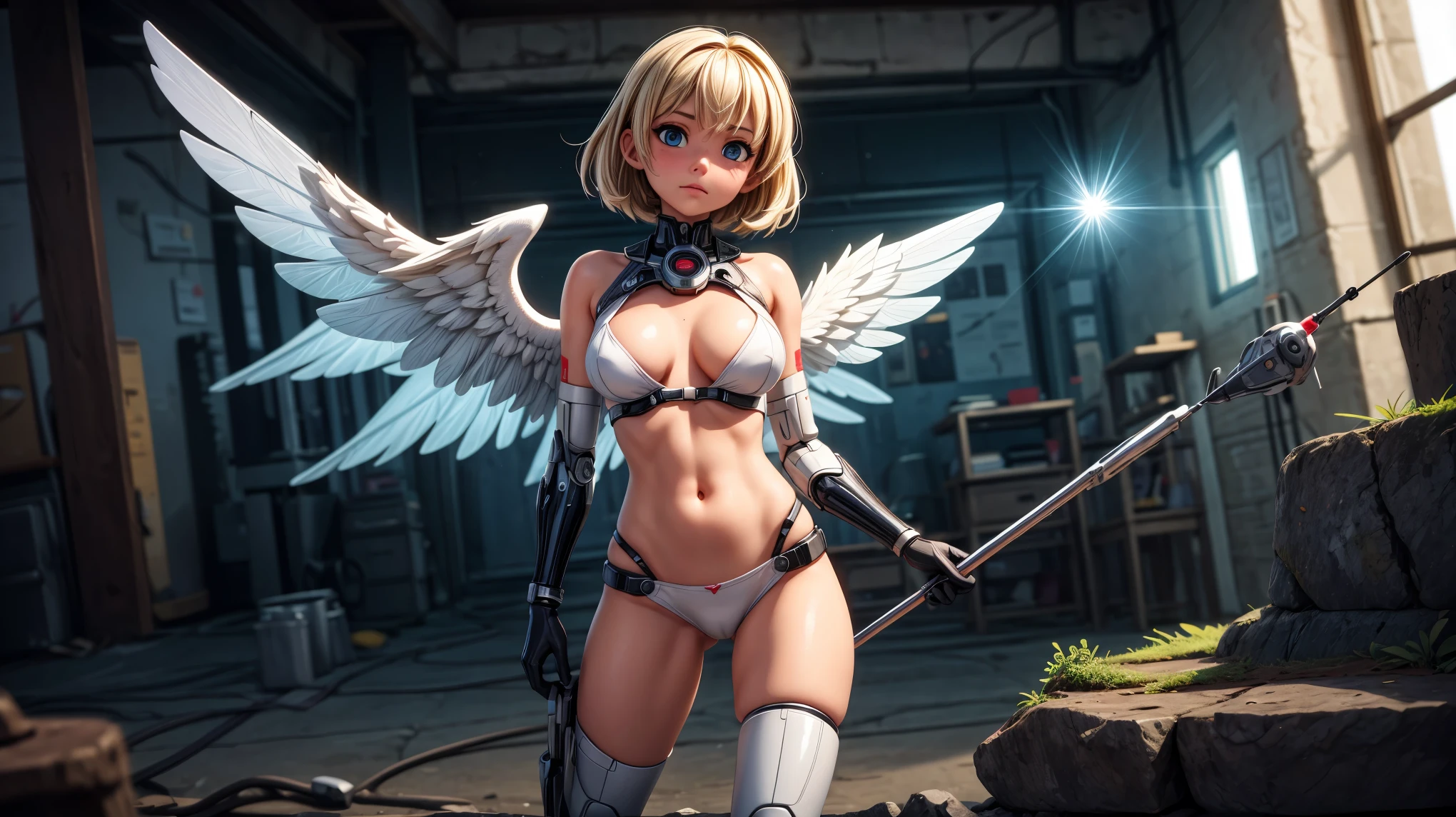 Arafed woman in white underwear with bionic wings, insect trainer girl, battle angel, inspired by Hajime Sorayama, beautiful cyborg angel girl, movie photo. (8k, RAW photo, best quality, masterpiece:1.2, masterpiec8K.HDR. highresabsurdres:1.2, film grain, blurrybokeh:1.2, lens flare, (vibrant color:1.2), (delicate))