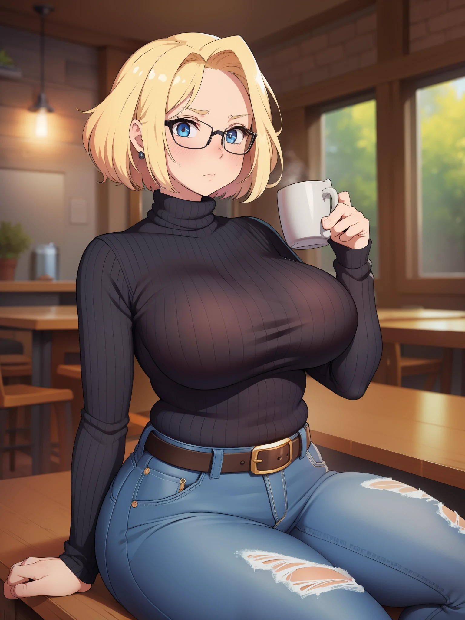 ((Masterpiece)), perfect anatomy, perfect shading, field of depth, (best quality), extremely delicate and beautiful, perfect lighting, detailed face, ultra cute face, cute, (cowboy shot 1.2), full body, (((1girl))), ((solo)), looking at viewer,
short hair, fluffy hair, blonde hair, blue eyes, Glasses, ((blush)), shy, nervous, embarrassed, (black turtleneck sweater 1.5), (jeans 1.2), belt, extremely tight clothes, medium breasts, ((wide hips)), ((thick thighs)), ((chubby)),
coffee shop, intricate background, detailed background, sitting on a chair mug on table,