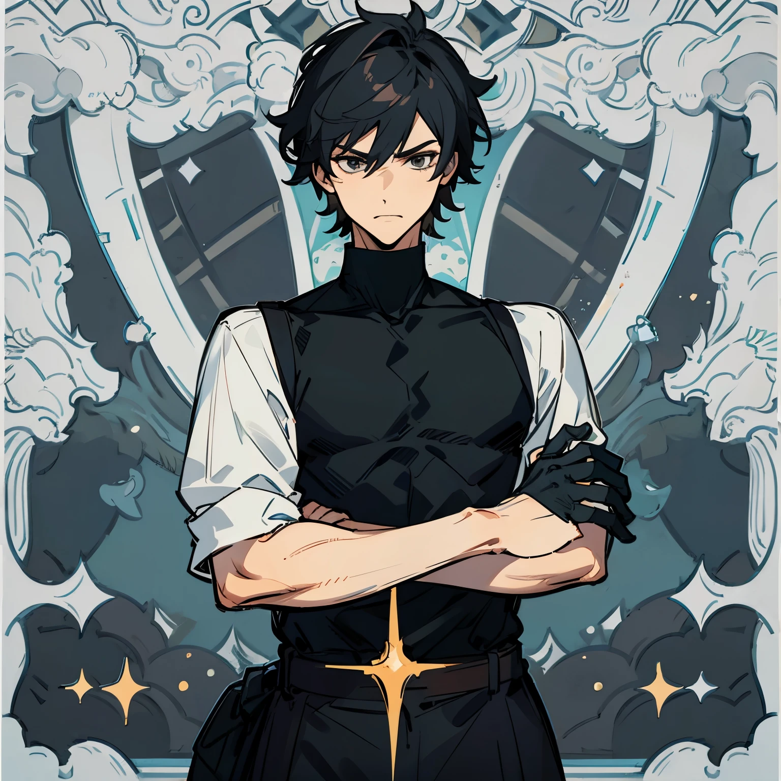 Boy. Sharp and charming jawline. Glare. Black hair. Black turtleneck shirt. Black eyes. Muscular and masculine.