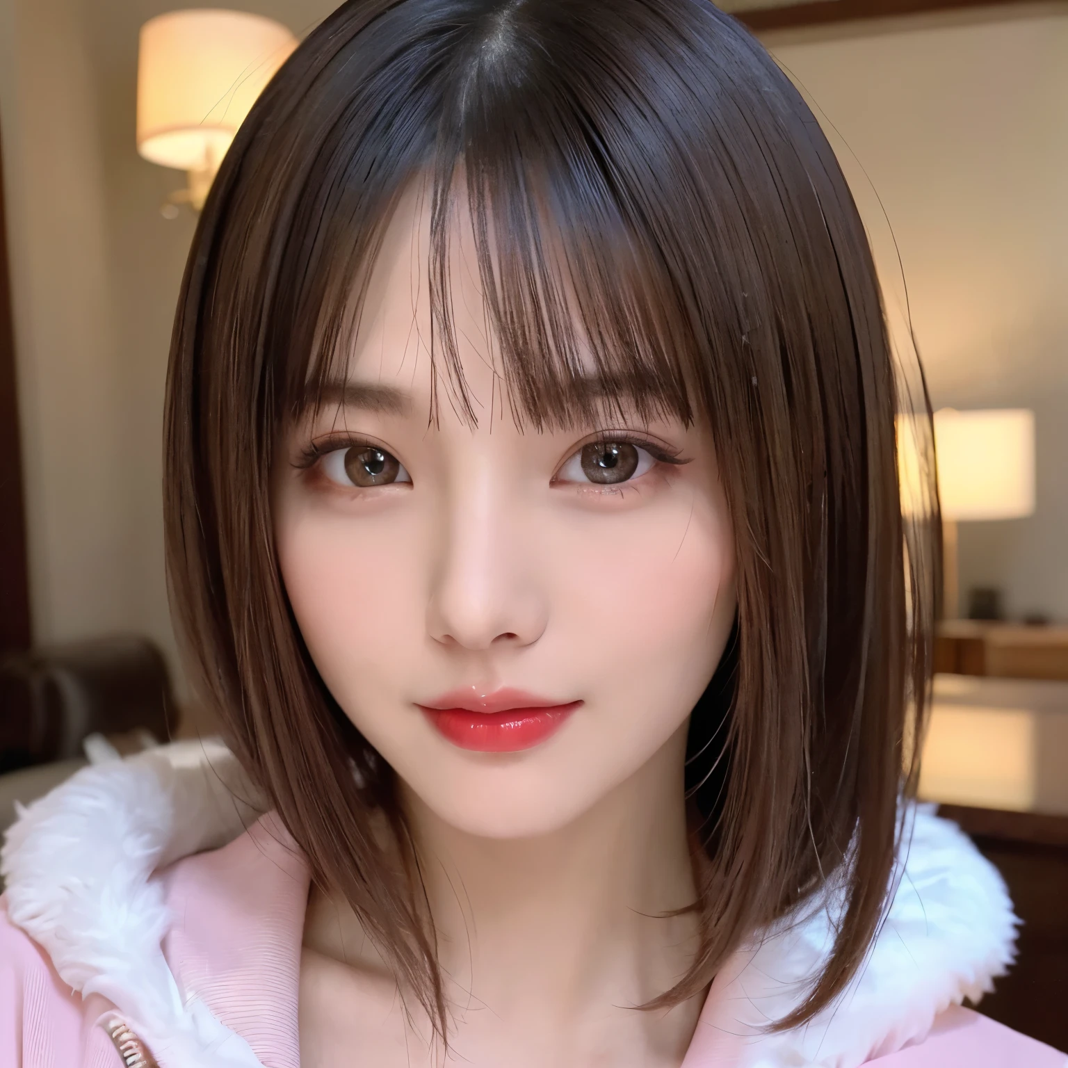 ((close-up photo of face:1.4))、(highest quality、table top、8k、best image quality、Award-winning work)、(one young girl, 14 years old:1.3)、(Perfect V-neck red long knit sweater:1.2)、(red eyeshadow:1.2)、perfect makeup、long eyelashes、Super high-definition sparkling eyes、ultra high definition hair、ultra high resolution glossy lips、Super high resolution perfect teeth、Super high resolution cute face、brown hair、(very short straight hair:1.1)、look at me and smile、[clavicle]、accurate anatomy、(close up of face:1.5)、Luxury love hotel、(The most moody warm lighting:1.2)、blurred background、With bangs、Super high-resolution glossy and moisturized face、Super high-resolution glowing skin、most detailed face、Ultra high resolution detailed faces、ultra high resolution hair、Super high resolution sparkling eyes、Beautiful face drawn in every detail、Super high resolution glossy red lips
