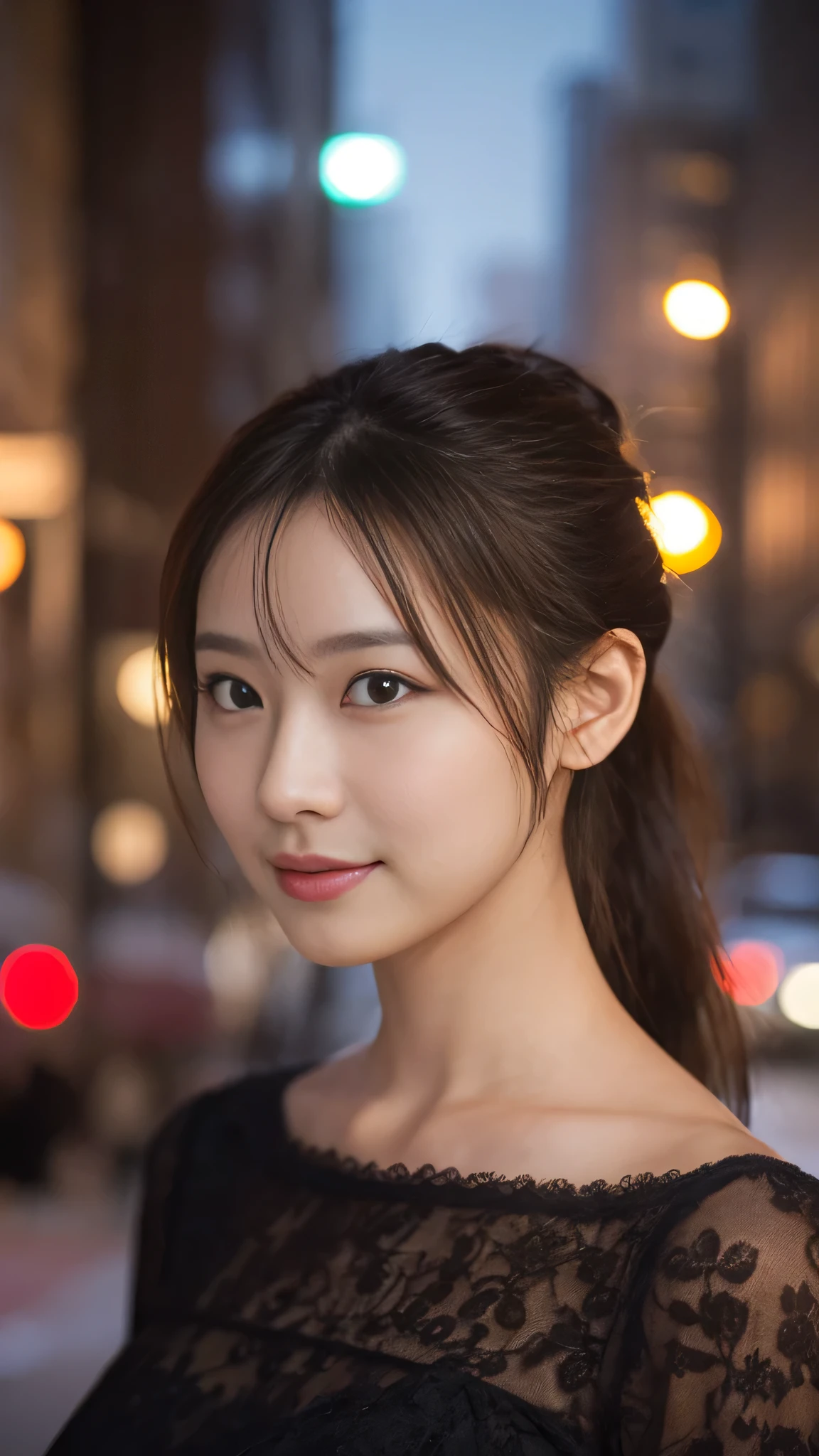 1 girl, (Wearing a black blouse:1.2), beautiful japanese actress, (ponytail:1.3),
(RAW photo, highest quality), (realistic, Photoreal:1.4), masterpiece,
very delicate and beautiful, very detailed, 2k wallpaper, wonderful,
finely, very detailed CG Unity 8K 壁紙, Super detailed, High resolution,
soft light, beautiful detailed girl, very detailed目と顔, beautifully detailed nose, beautiful and detailed eyes, cinematic lighting,
break
(Against the backdrop of a snowy night cityscape 1.3), city lights,
perfect anatomy, slender body, smile, Face the front completely, look at the camera