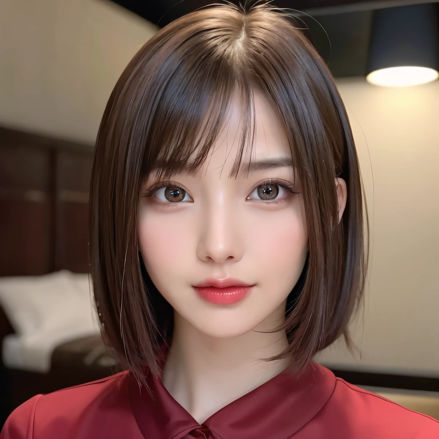 ((close-up photo of face:1.4))、(highest quality、table top、8k、best image quality、Award-winning work)、(one young girl, 14 years old:1.3)、(Perfect V-neck red long knit sweater:1.2)、(red eyeshadow:1.2)、perfect makeup、long eyelashes、Super high-definition sparkling eyes、ultra high definition hair、ultra high resolution glossy lips、Super high resolution perfect teeth、Super high resolution cute face、brown hair、(very short straight hair:1.1)、look at me and smile、[clavicle]、accurate anatomy、(close up of face:1.5)、Luxury love hotel、(The most moody warm lighting:1.2)、blurred background、With bangs、Super high-resolution glossy and moisturized face、Super high-resolution glowing skin、most detailed face、Ultra high resolution detailed faces、ultra high resolution hair、Super high resolution sparkling eyes、Beautiful face drawn in every detail、Super high resolution glossy red lips