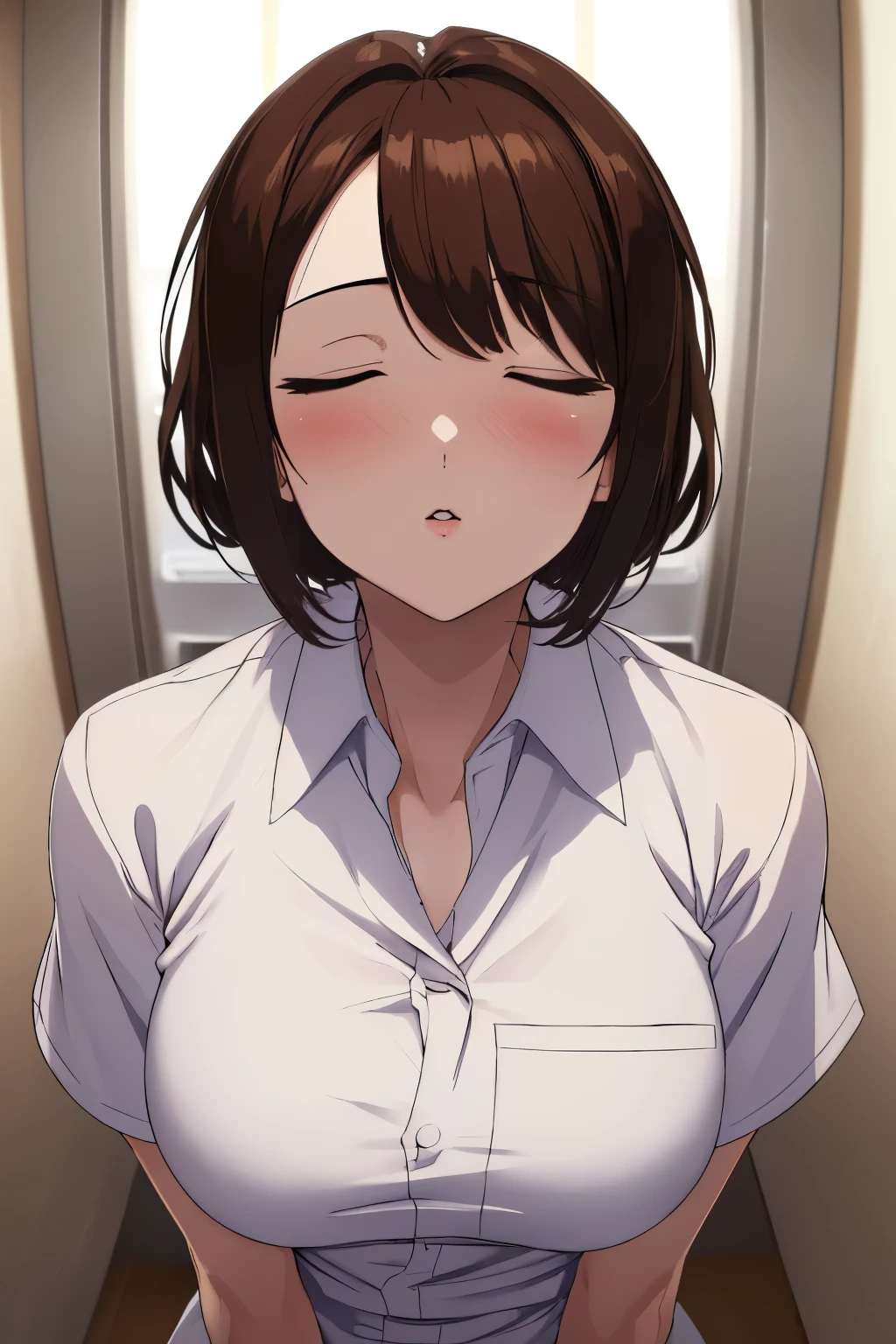 (Best quality, 8k, 32k, Masterpiece, UHD:1.2),Photo of Pretty Japanese woman, 1girl, (medium-short dark brown hair), (large breasts), double eyelid, White nurse uniform, small white nurse (cap), white shirt, open shirt, hospital, patient's room, upper body, sexy