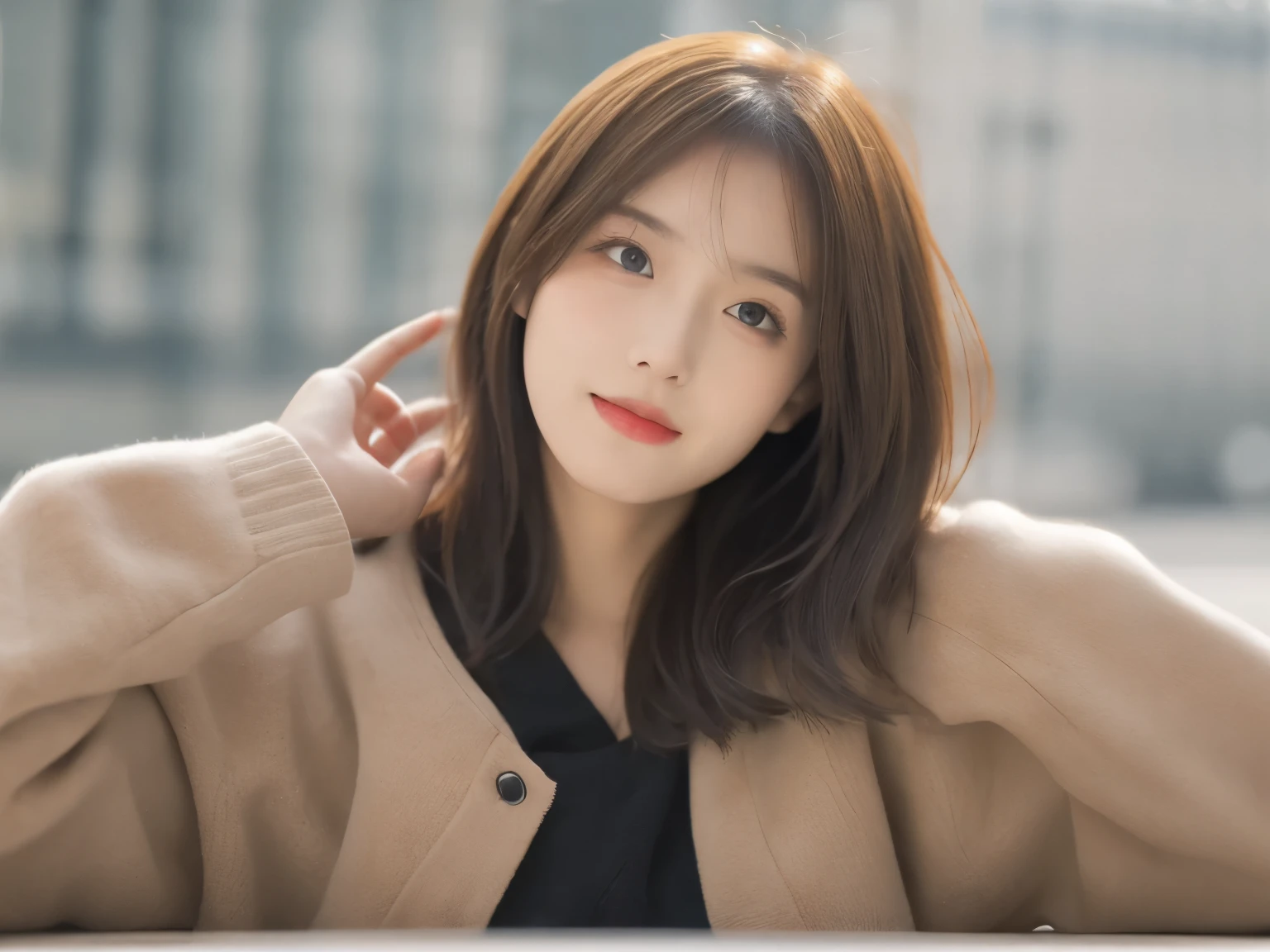 table top, highest quality, figure, super detailed, finely, High resolution, 8k wallpaper, 完璧なダイナミックな構figure, detailed and beautiful eyes, Down jacket,light brown gold hair,small breasts natural color lip, bold sexy pose,smile、27 year old woman、cute、looking at the camera,RAW photo,perfect and beautiful face,beautiful and detailed face
