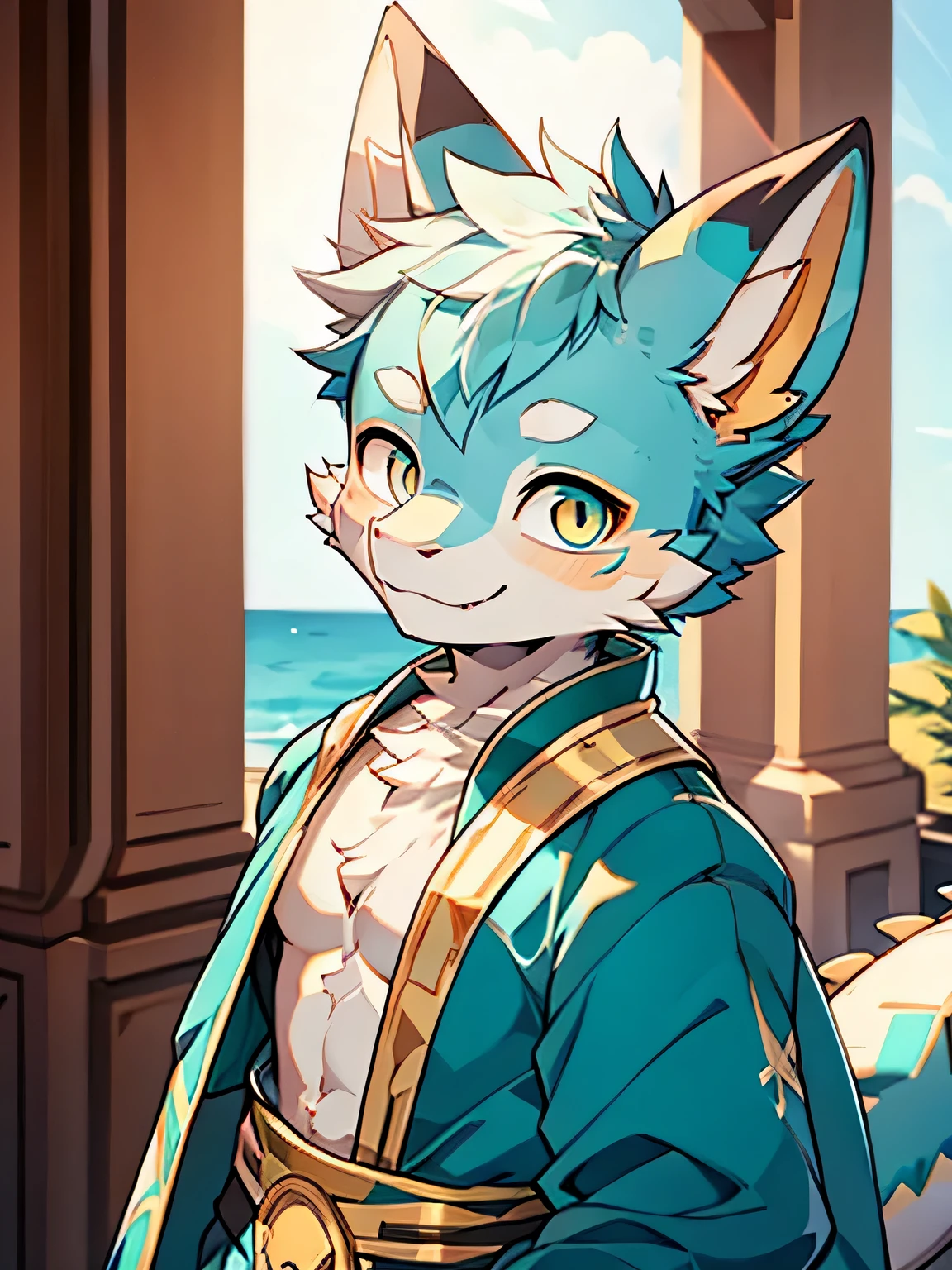 (best picture quality),(masterpiece),(((the only person))),(super detailed),(male dragon:1.5), (White skin:1.3), hairy,(cyan fur:1.3),((golden pupils)) ,(Green ears),(hairy 动物 耳朵s),((Wearing classical theater costumes),natural lighting,complex background,Detailed face,details on face,Character focus,Detailed clothes,ocean,seabed,depth of field,lighting perfect,light particles,sharp focus,light particles,Eye,Smile,alone