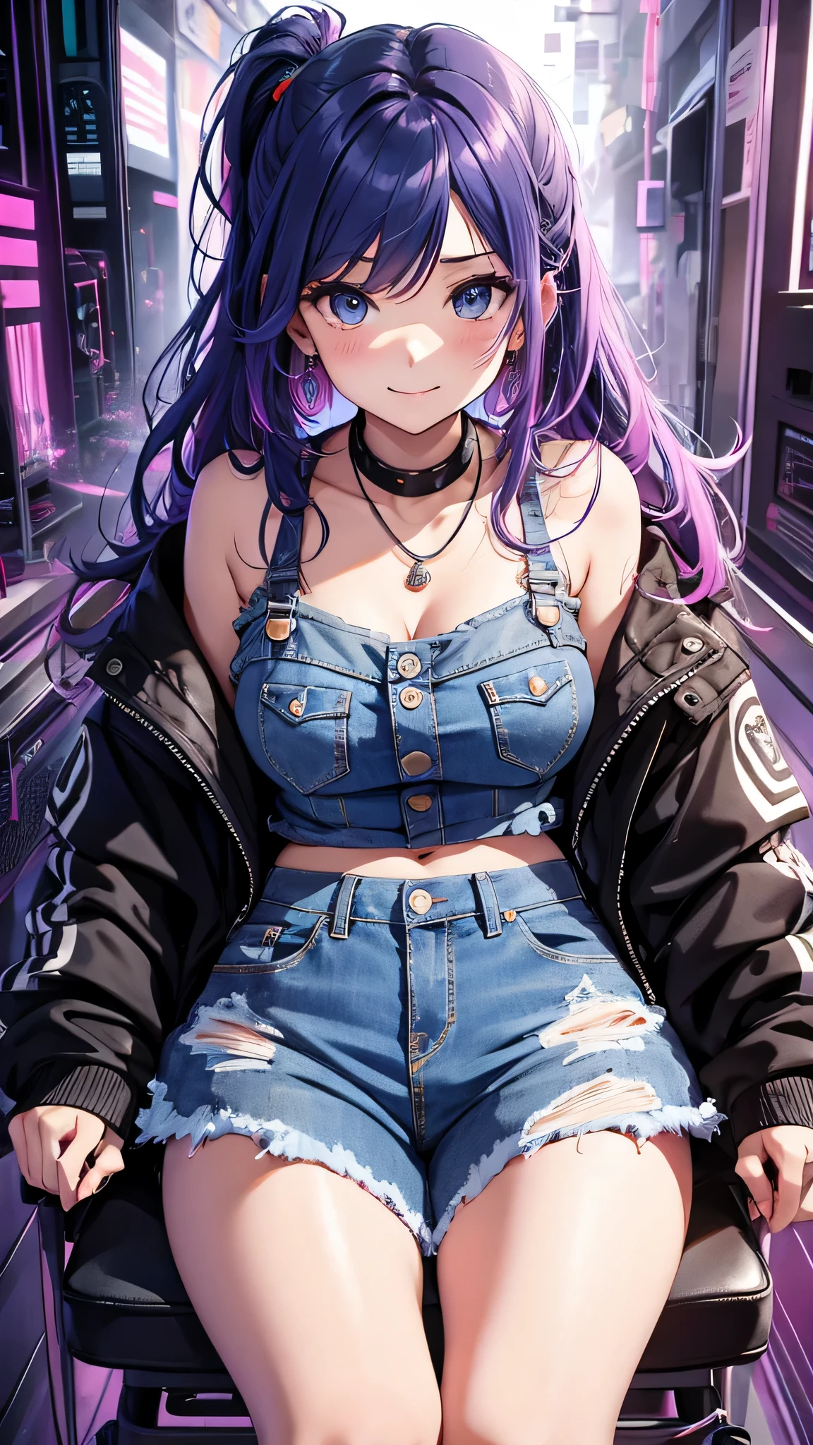 最high quality、best image quality、masterpiece、girl((20-year-old、 By becoming、vest bust、medium bust,wide open breast tea、shining eyes, neon hair、long hair、thin,highest valley、ponytail、Damaged Denim Shorts、black navel shirt、Damaged Denim Jacket、smile、full body tattoo,diamond earrings、Wristband、necklace,bubble gum、sit on a chair、leaning forward)),high quality、beautiful art、background((Hacker Room、neon lighting))、Flight、debris flies、Depth of written boundary、movie、visual art、perfect art、8k,genuine、