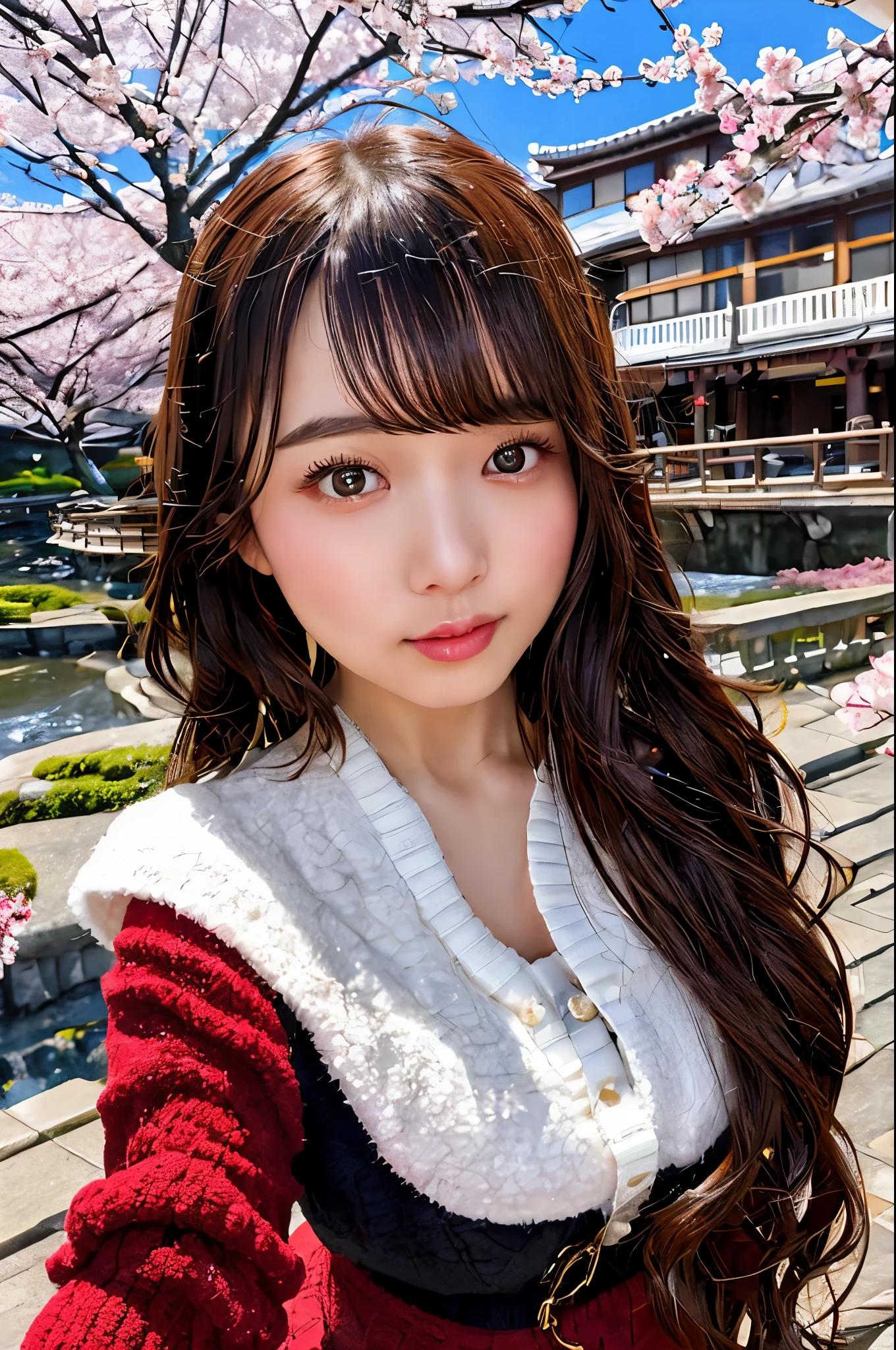 One female、brown hair、long hair、well-groomed face、dense lips、Red knitted clothes、beautiful breasts、black coat、black shorts、cherry blossoms、cherry blossomsの雨、river、masterpiece、ultra high resolution、delicate、perfect lighting、sunlight、16K