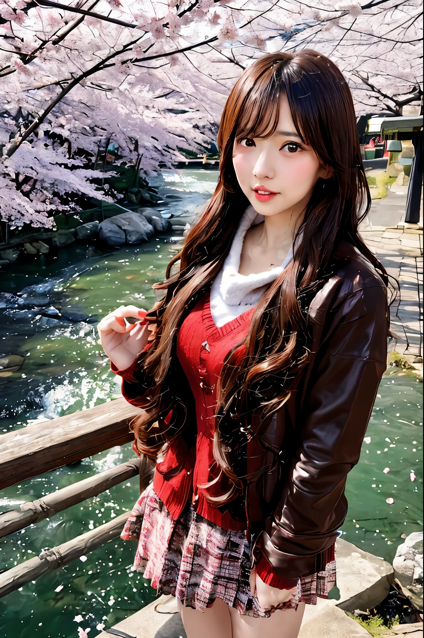One female、brown hair、long hair、well-groomed face、dense lips、Red knitted clothes、beautiful breasts、black coat、black shorts、cherry blossoms、cherry blossomsの雨、river、masterpiece、ultra high resolution、delicate、perfect lighting、sunlight、16K