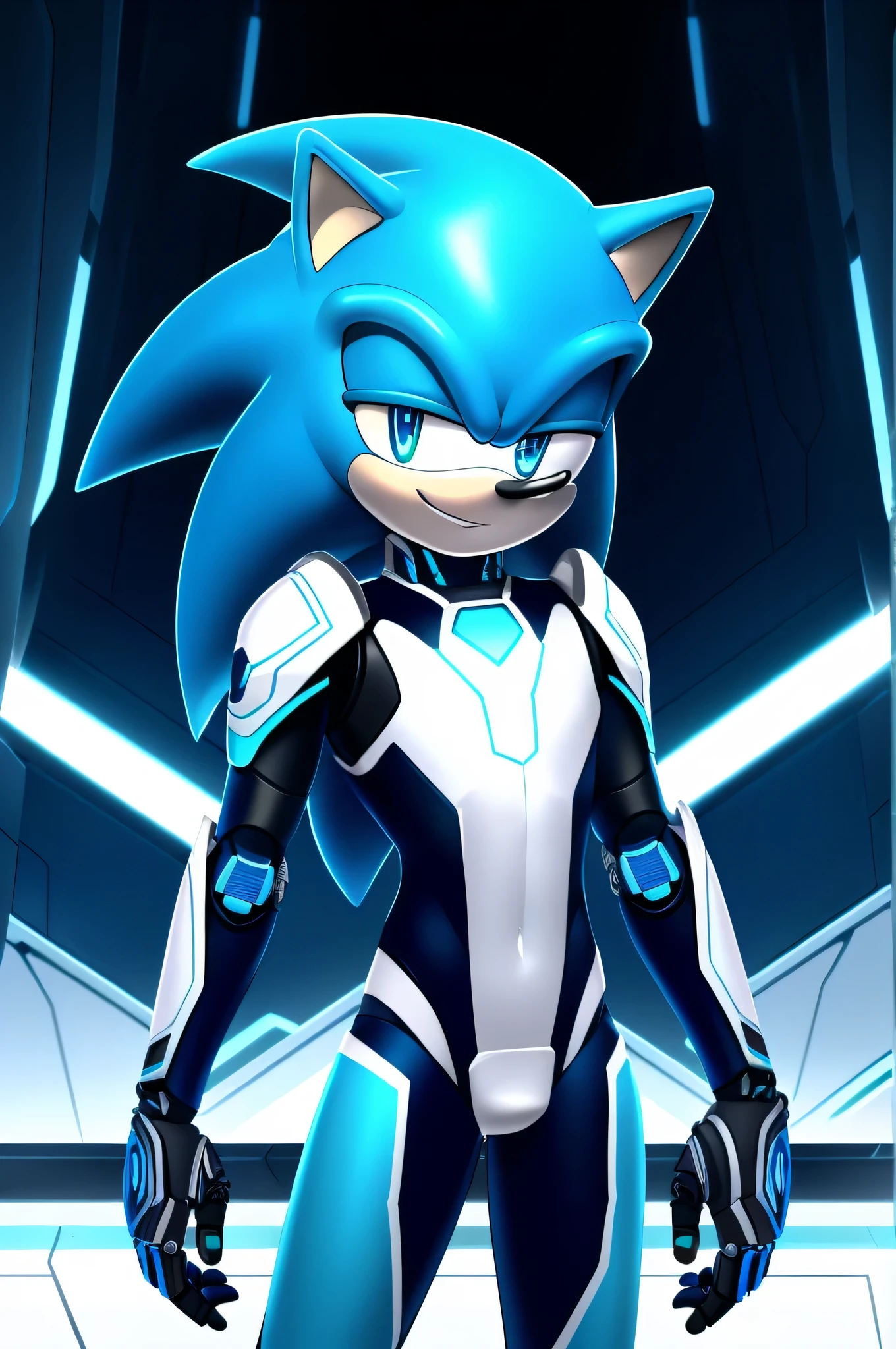 A solo male twink anthro android ((hedgehog)), with bright cyan fur, short quills, glowing blue eyes, white muzzle, wearing a sci-fi bodysuit stands in a futuristic landscape. The android's bodysuit has (((light blue, and white coloring))), and intricate (((mechanical details))), creating a futuristic look. the android has a seductive smirk on his face