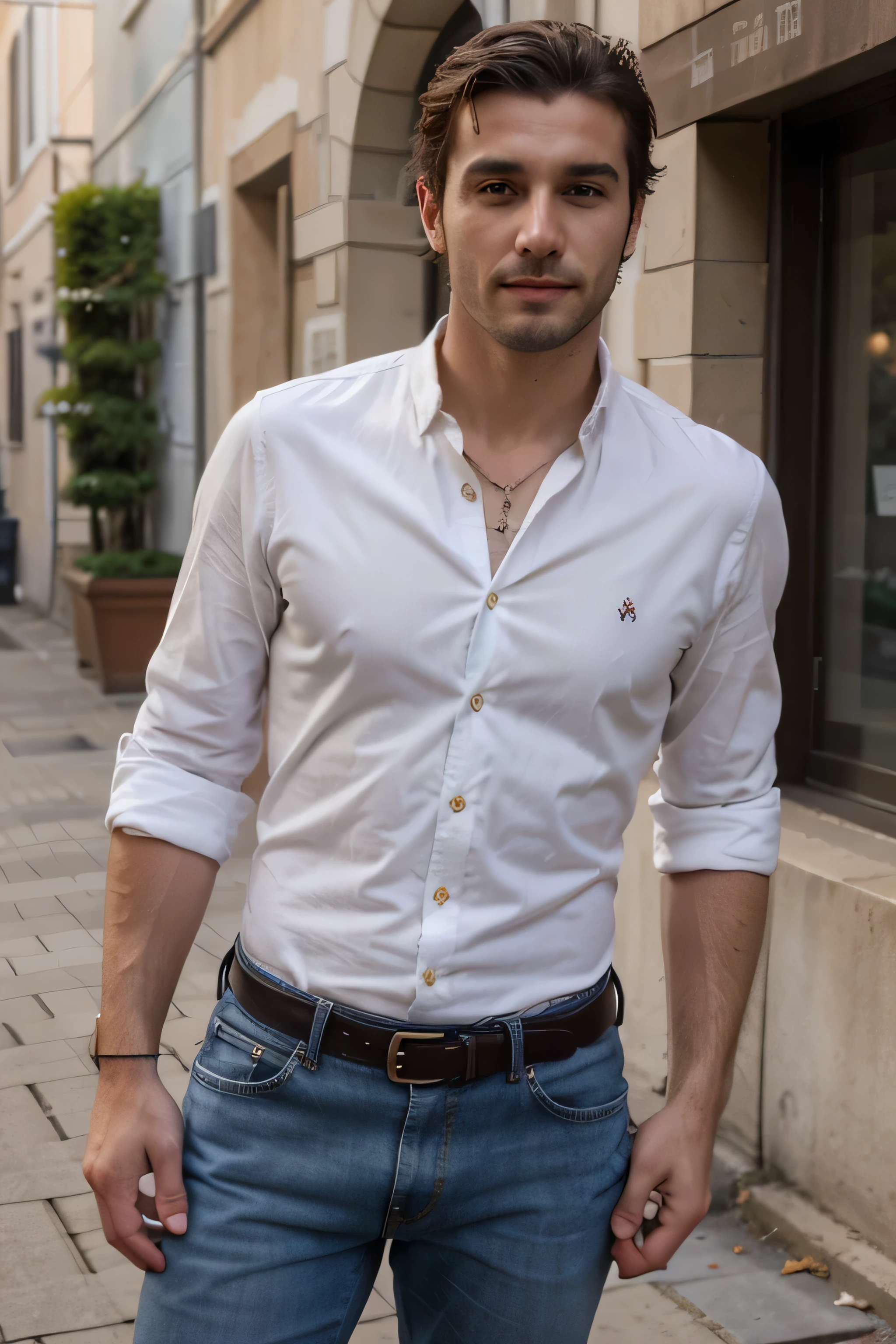 A good-looking italian man,wearing a shirt and jeans