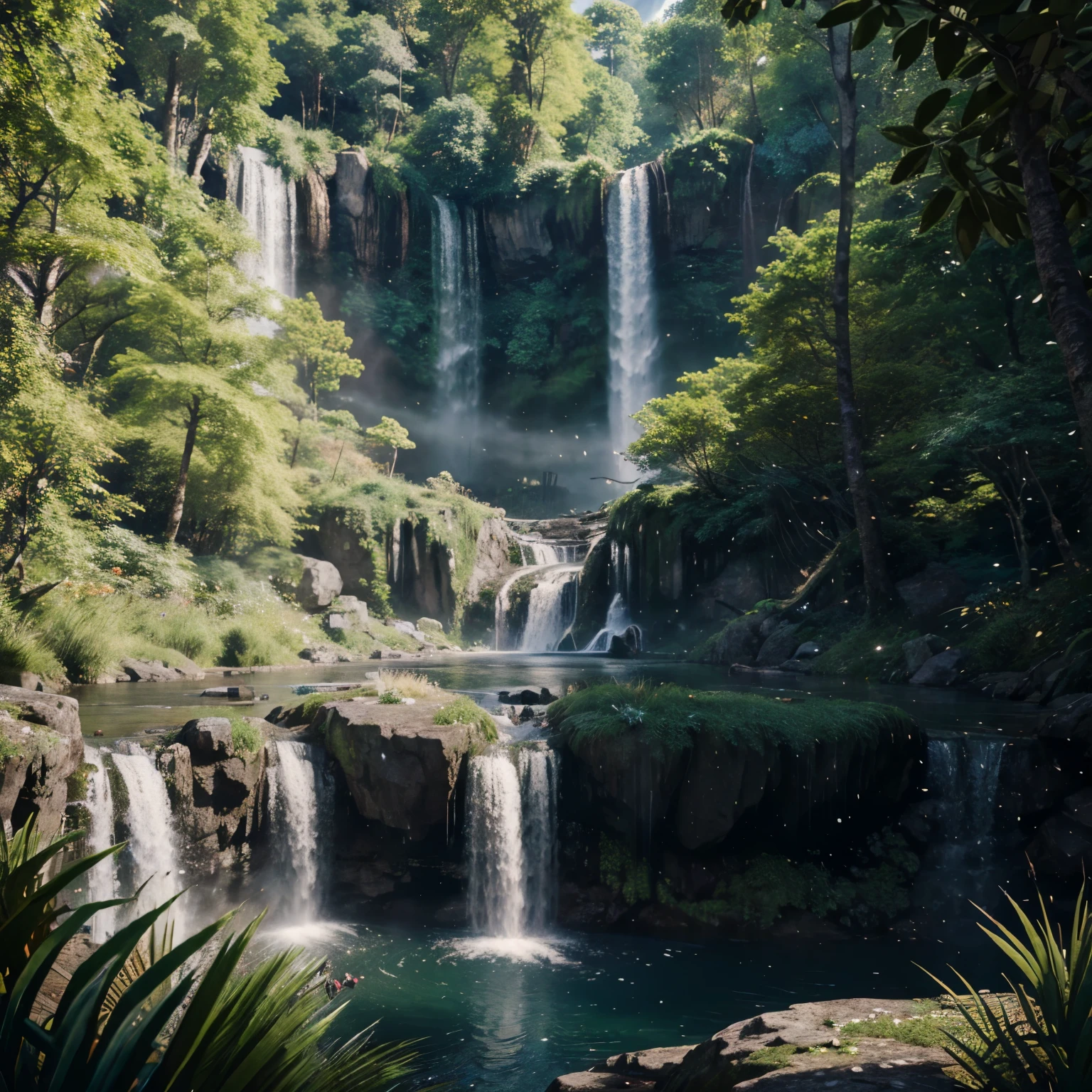 (extremely detailed CG unity 8k wallpaper,masterpiece, best quality, ultra-detailed)Lush forest and plantlife. waterfall
