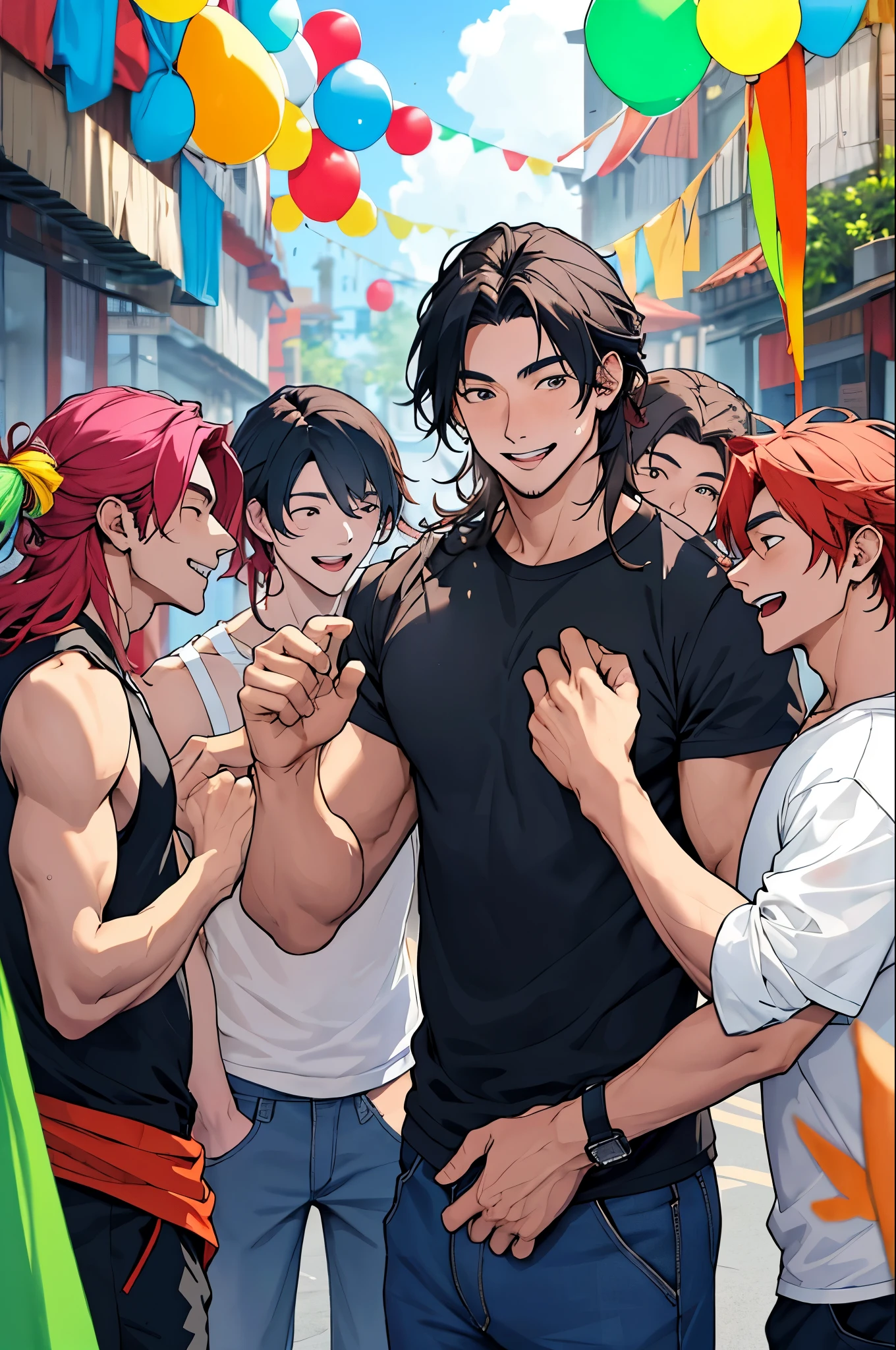 A man with mid-length hair enjoying with his 4 friends, man in the middle surrounded by his friends, they all are partying. Make it colour full and brighten.