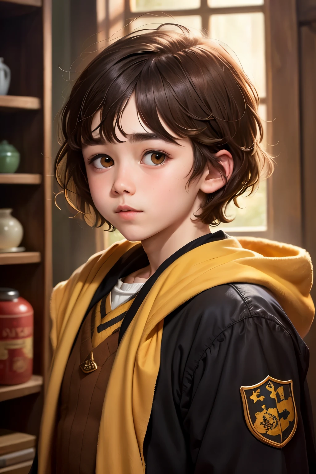 Generate a dark fantasy,  old neville longbottom, Puffy cheeks yong, cute, fatface, bobhaircut, shorthair, straight hair, hufflepuff cosplay,