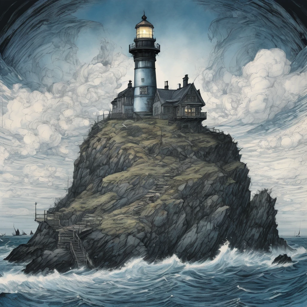 Lighthouse, aesthetic, extremely detailed, Daniel Merriam, by john blanche, M. C. Esher, ink drawing, dirty ink, frostpunk, lighthouse, blue ink ocean, lighthouse on an island, black ink
