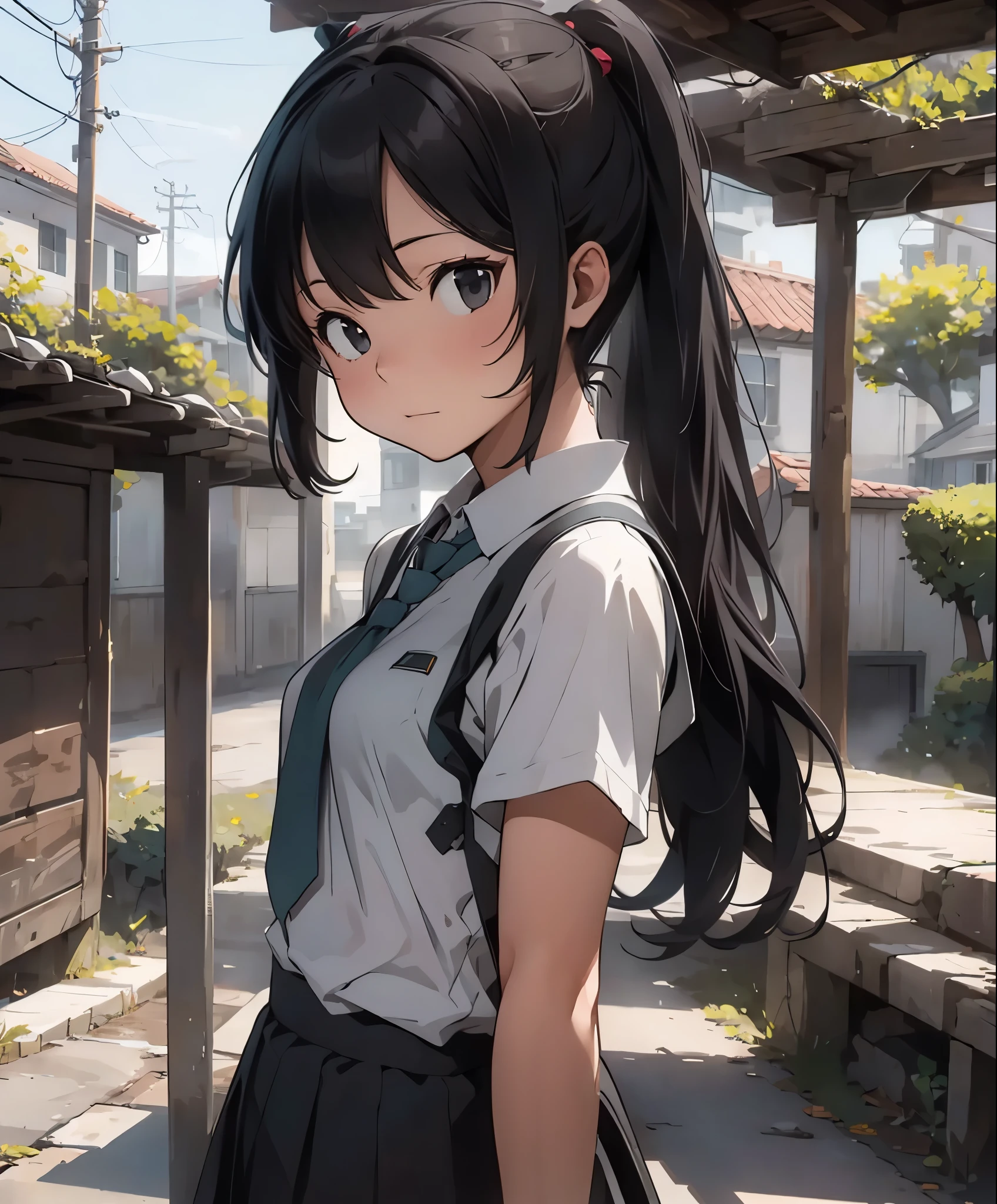 (masterpiece、highest quality、highest quality、official art、beautiful beautiful:1.2)、(1 girl:1.3)Hatsune Miku、twin tails,big breasts,masterpiece, Best quality - 1girl, alone, sweater vest, black hair, tie, long hair, black eye, school uniform, outdoors, null, short sleeve, look away, looking to the side, shirt, skirt, red tie, Ocean, handrail, scenery, vest