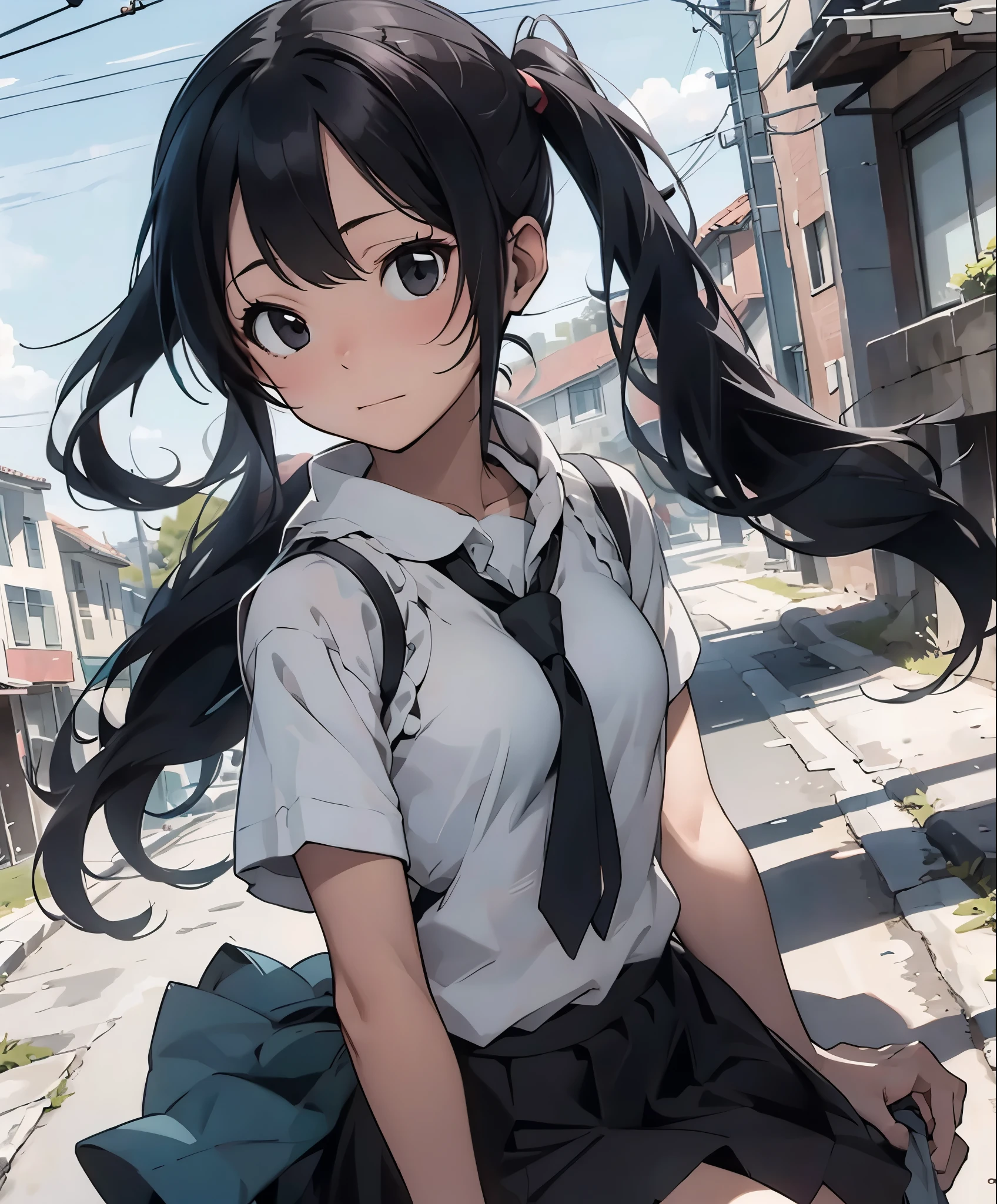 (masterpiece、highest quality、highest quality、official art、beautiful beautiful:1.2)、(1 girl:1.3)Hatsune Miku、twin tails,big breasts,masterpiece, Best quality - 1girl, alone, sweater vest, black hair, tie, long hair, black eye, school uniform, outdoors, null, short sleeve, look away, looking to the side, shirt, skirt, red tie, Ocean, handrail, scenery, vest