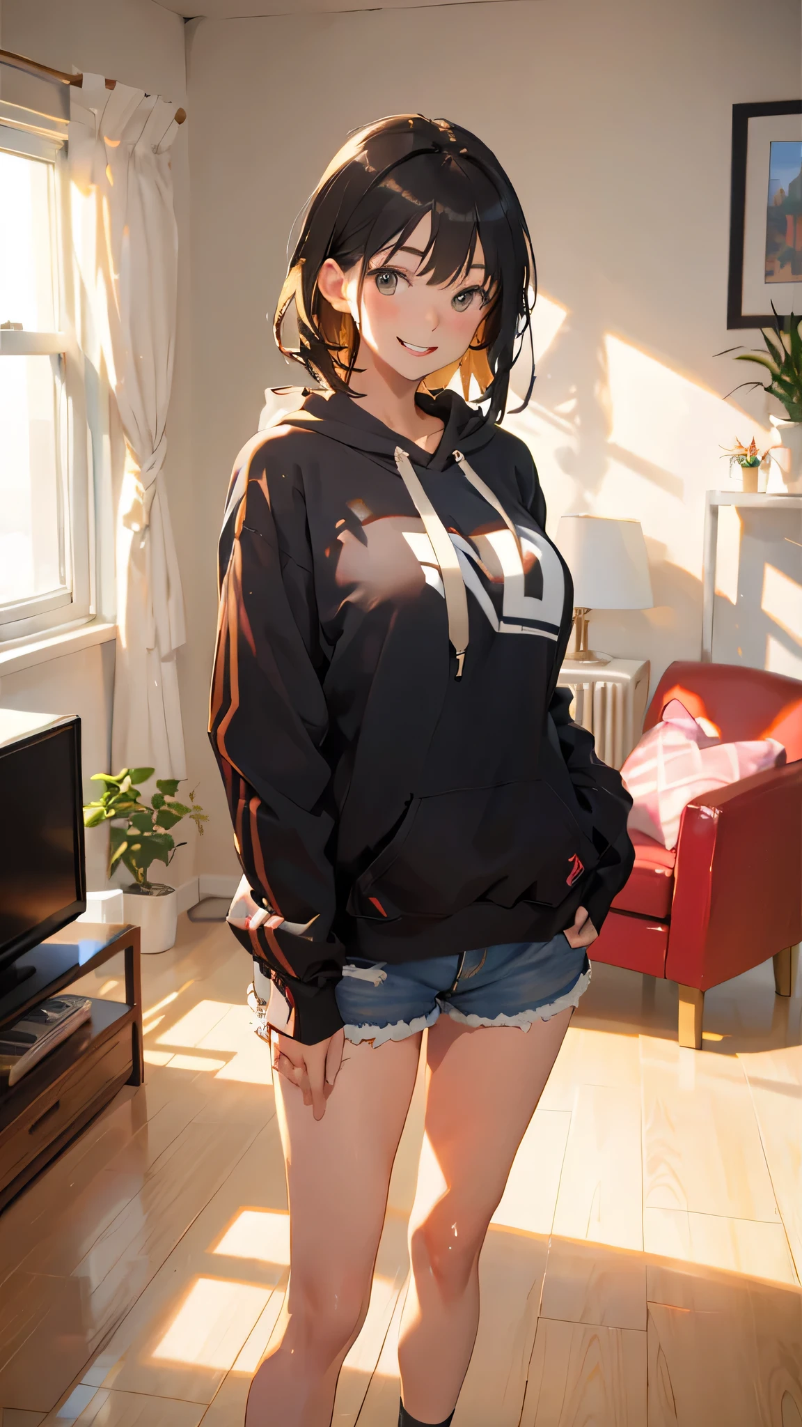masterpiece, highest quality, (attractive woman), 28 years old, medium hair, big breasts, hooded sweatshirt, shorts, smile. living room